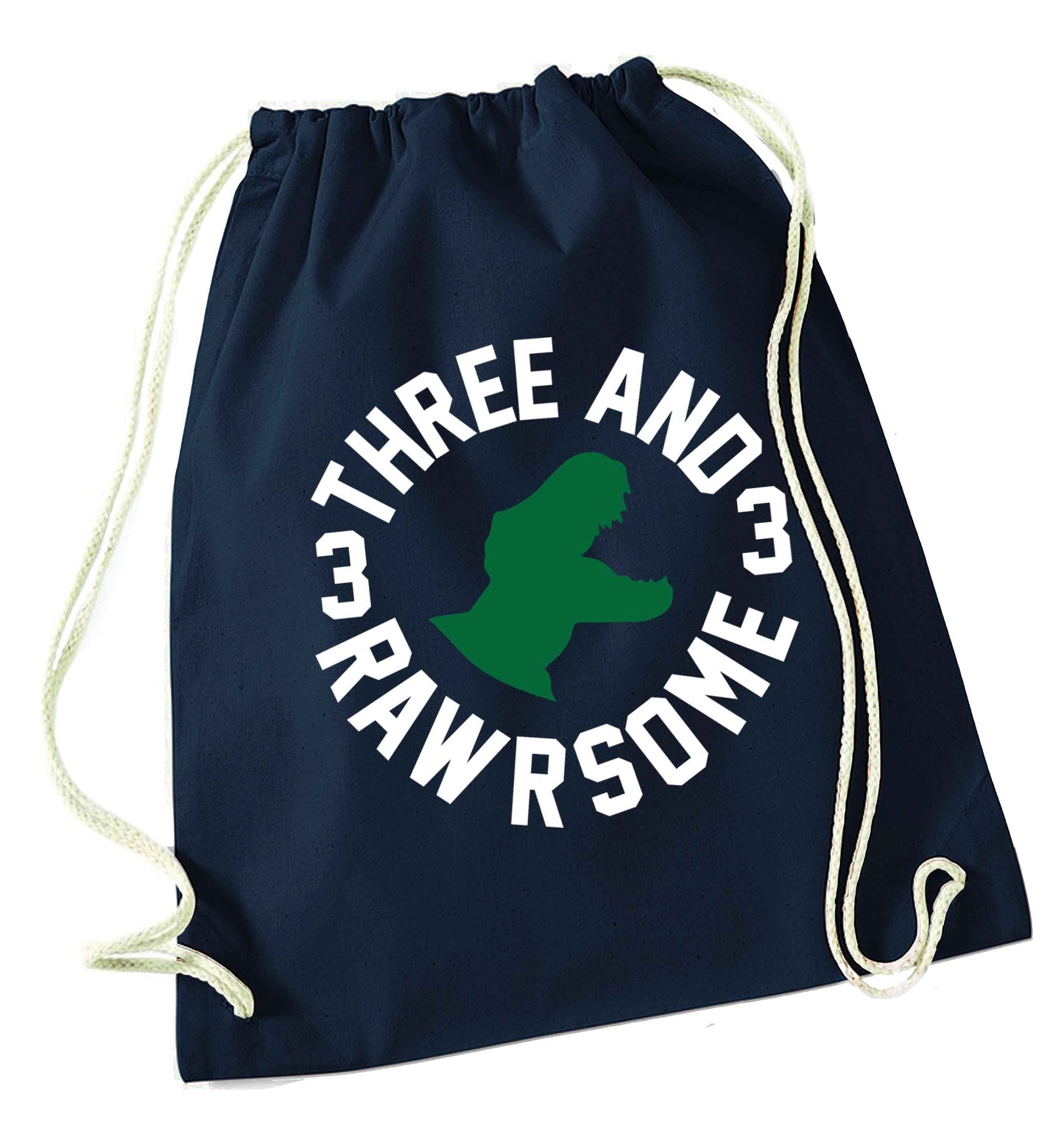 Three and rawrsome navy drawstring bag