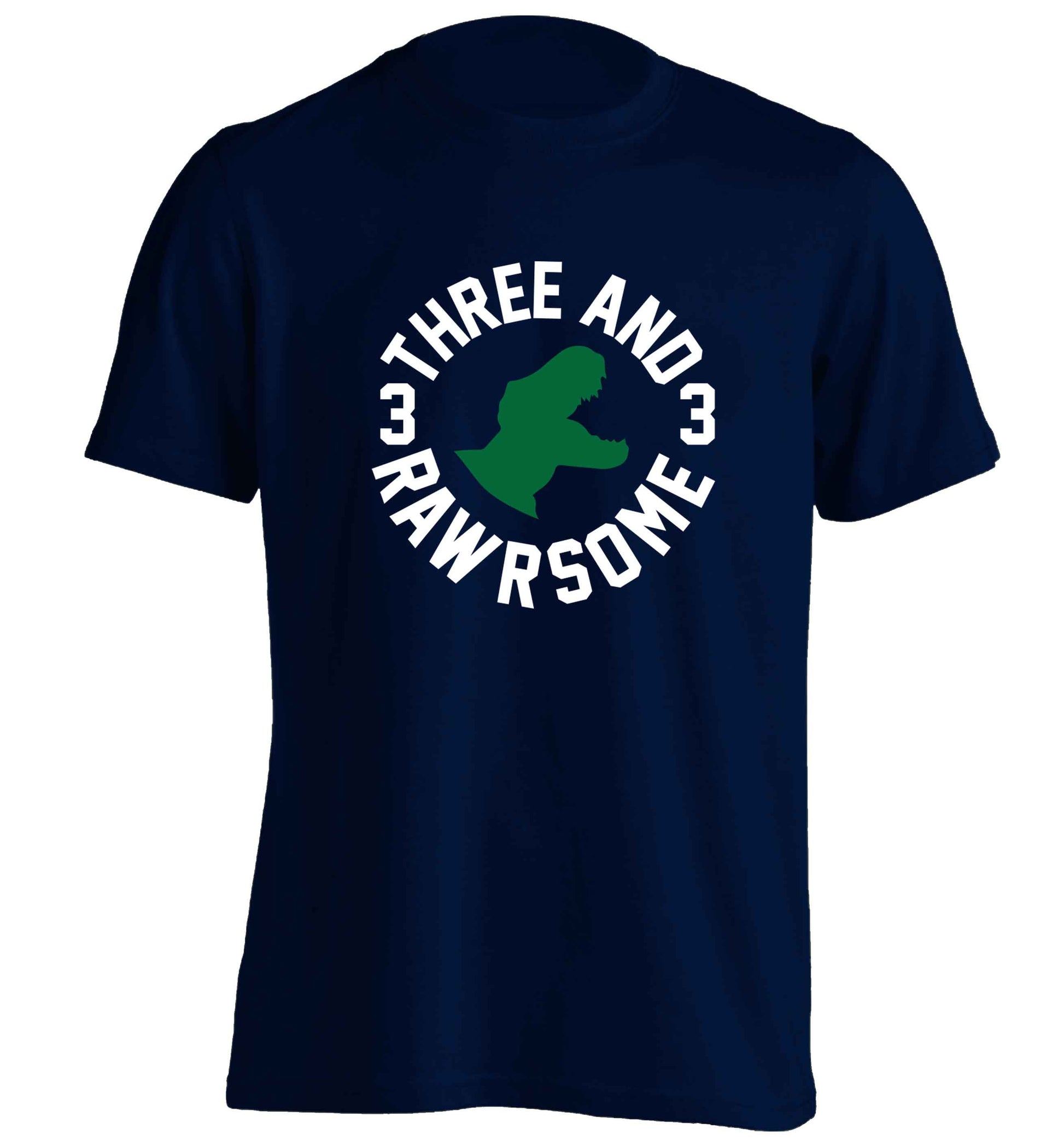 Three and rawrsome adults unisex navy Tshirt 2XL