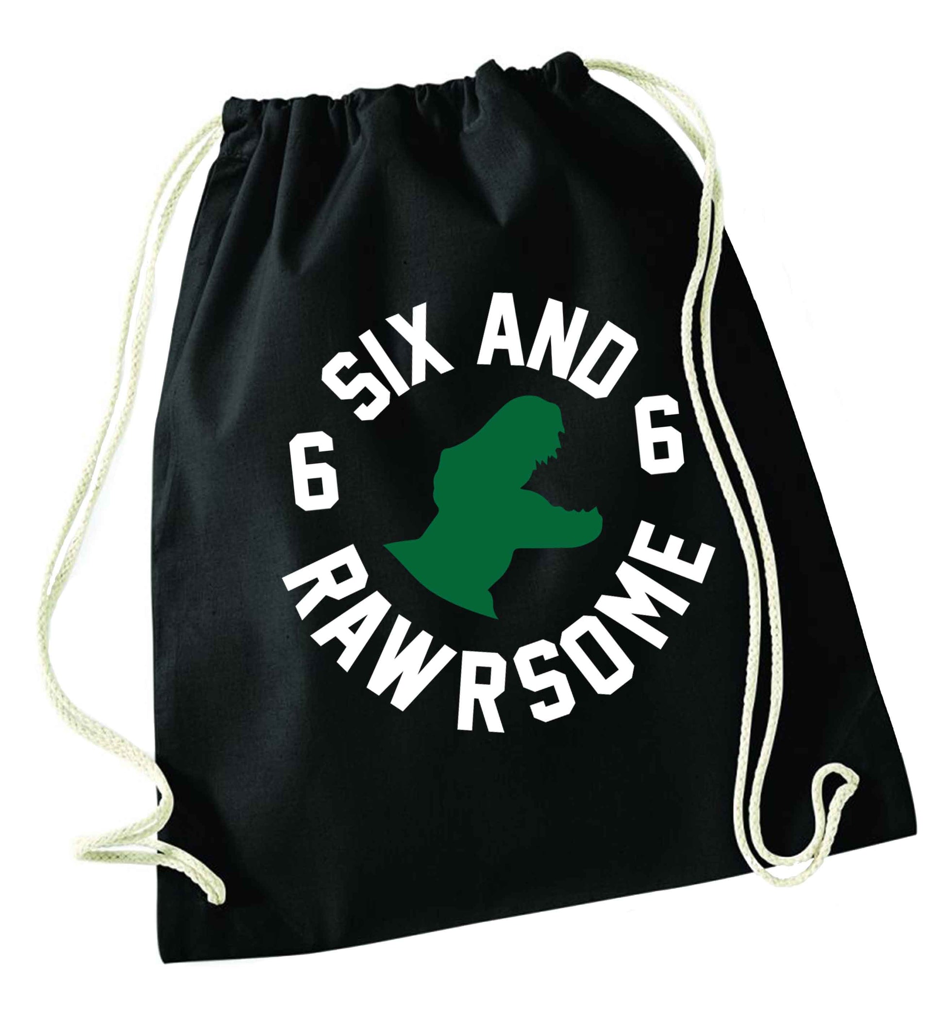 Six and rawrsome black drawstring bag