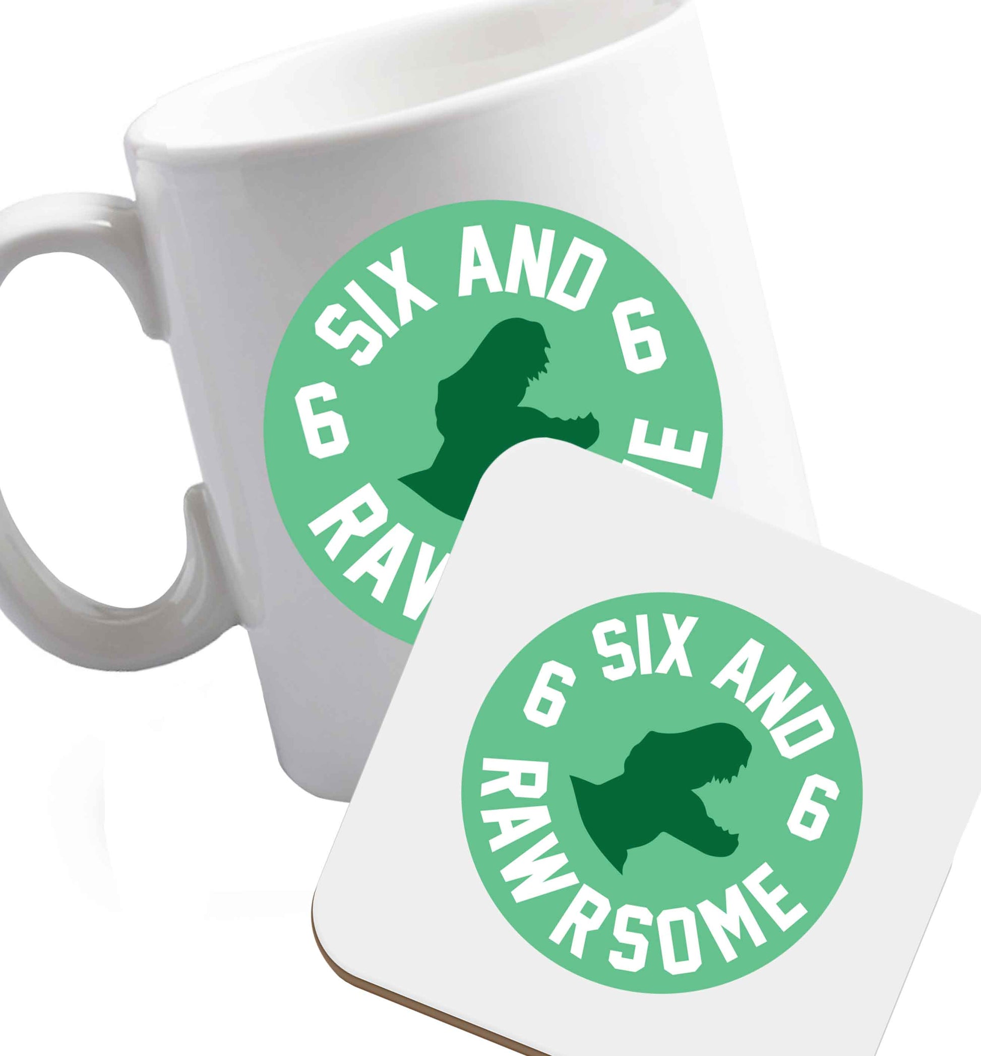 10 oz Six and rawrsome ceramic mug and coaster set right handed