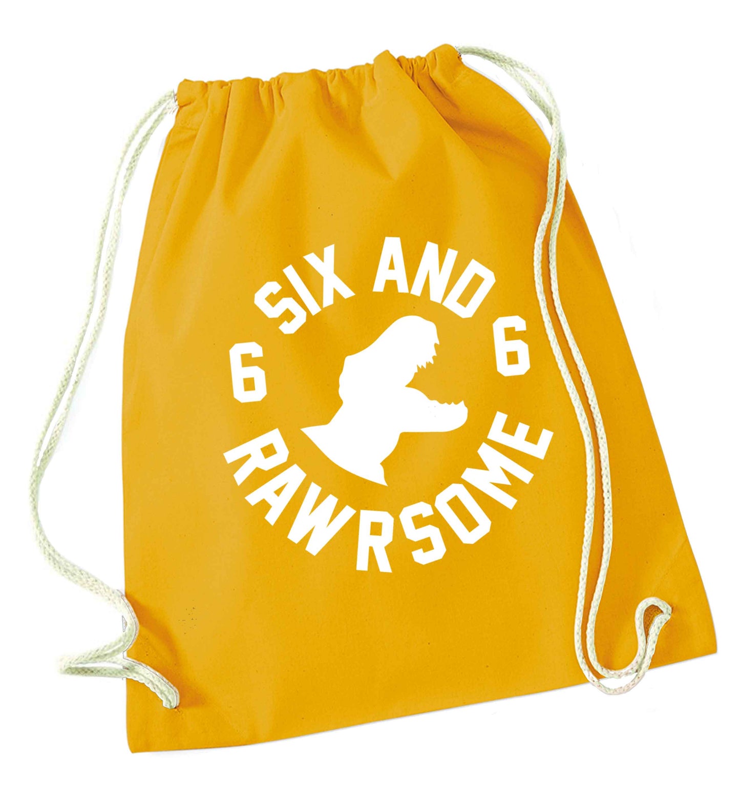 Six and rawrsome mustard drawstring bag