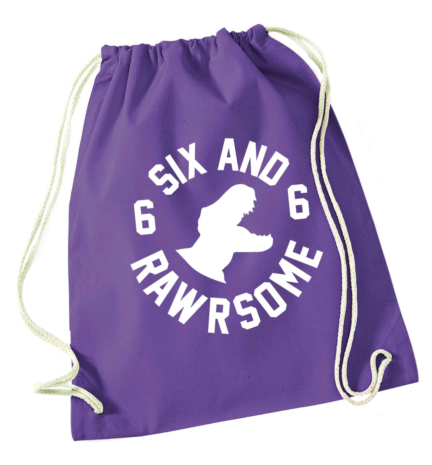 Six and rawrsome purple drawstring bag