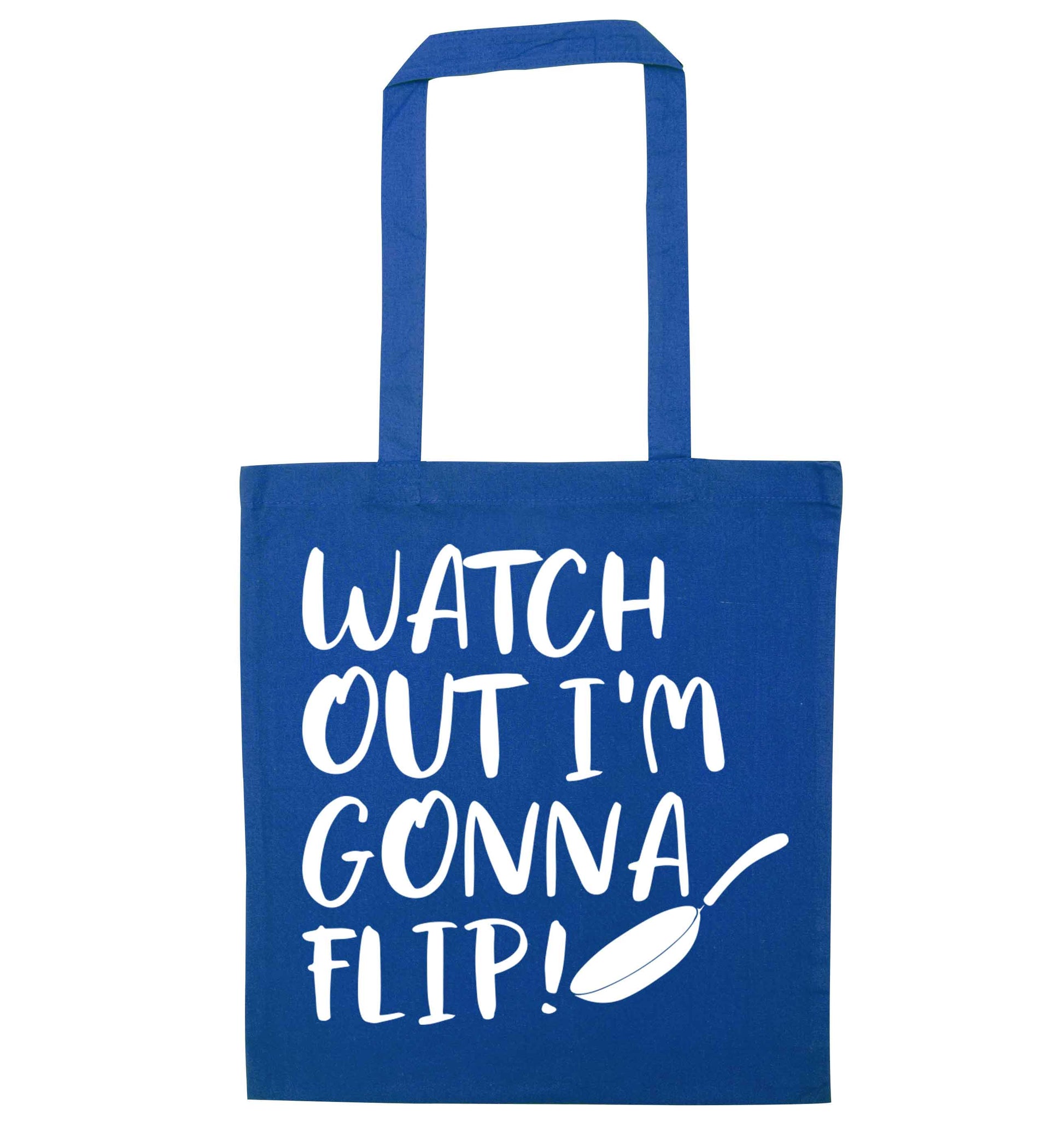 Watch out I'm gonna flip! blue tote bag