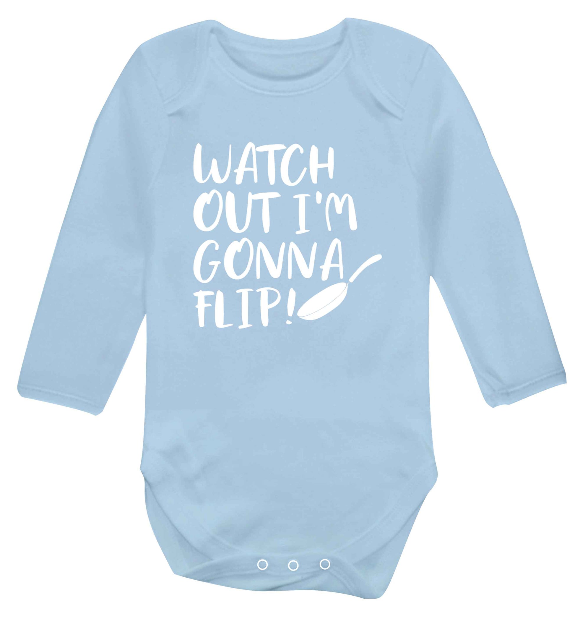 Watch out I'm gonna flip! baby vest long sleeved pale blue 6-12 months