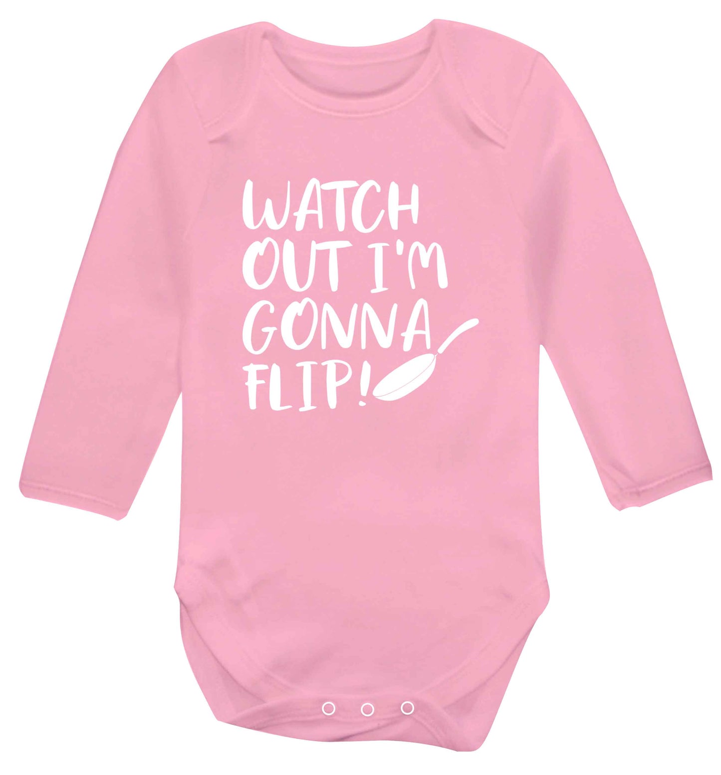 Watch out I'm gonna flip! baby vest long sleeved pale pink 6-12 months