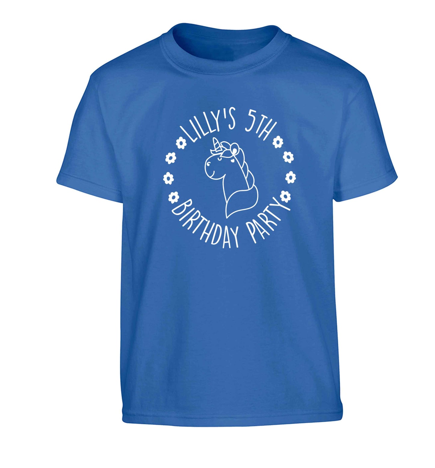 Personalised unicorn birthday party Children's blue Tshirt 12-13 Years