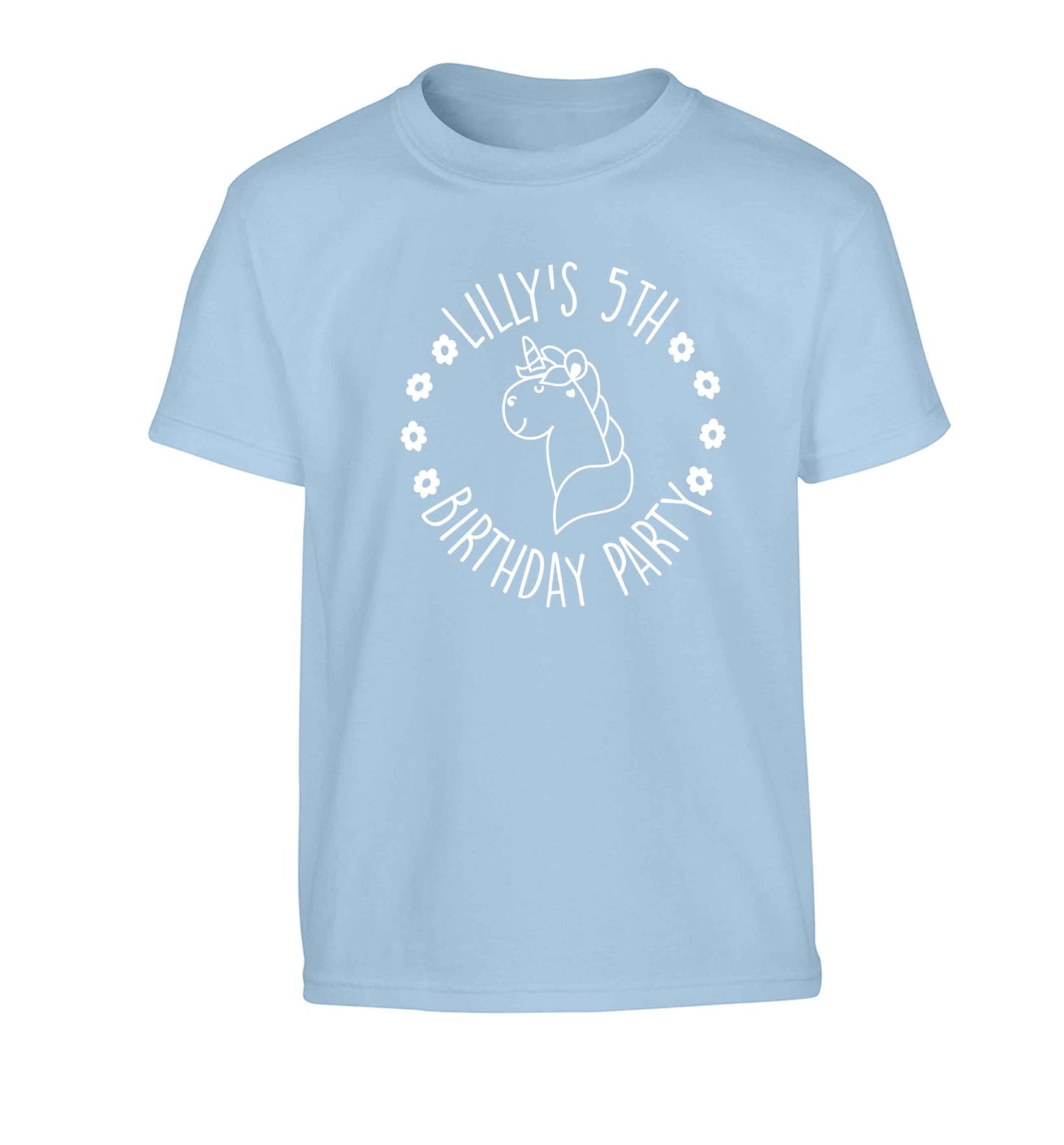 Personalised unicorn birthday party Children's light blue Tshirt 12-13 Years