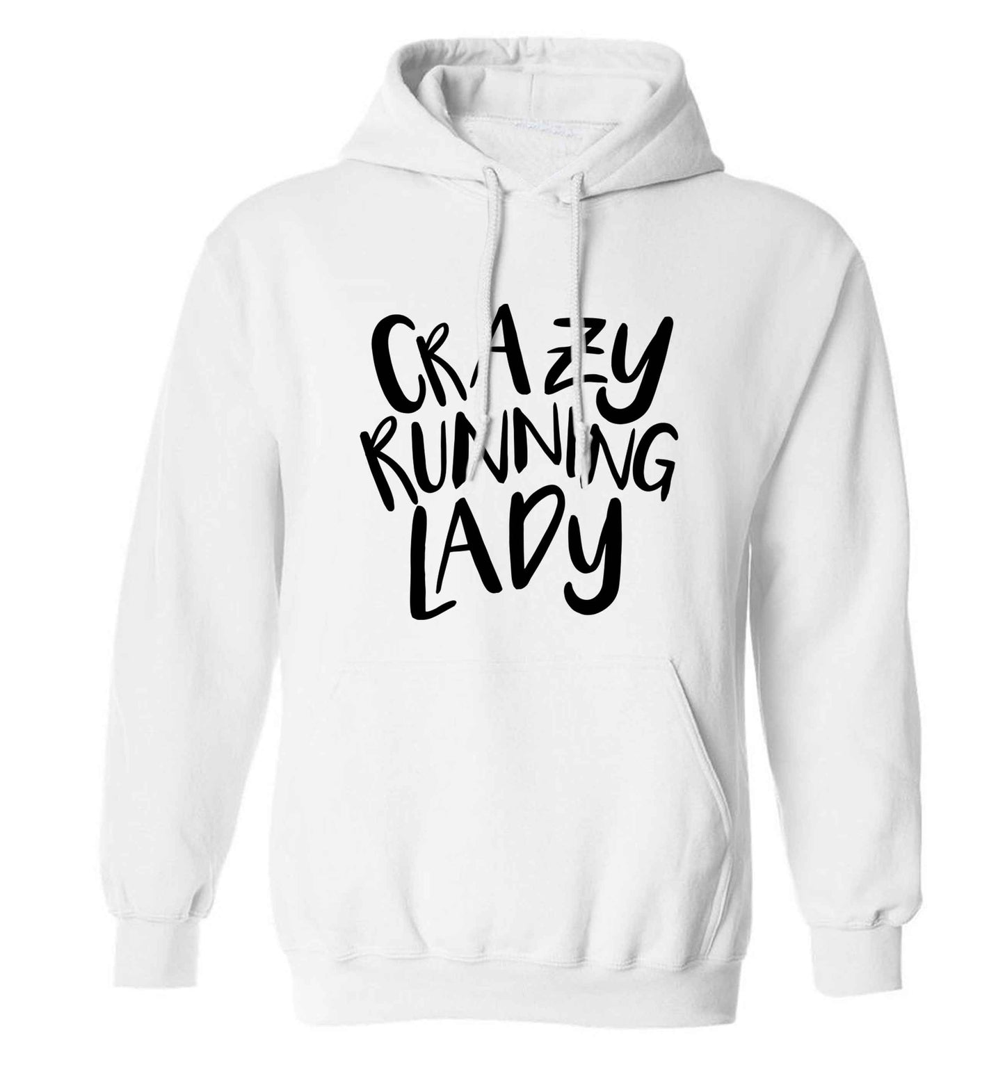 Crazy running lady adults unisex white hoodie 2XL