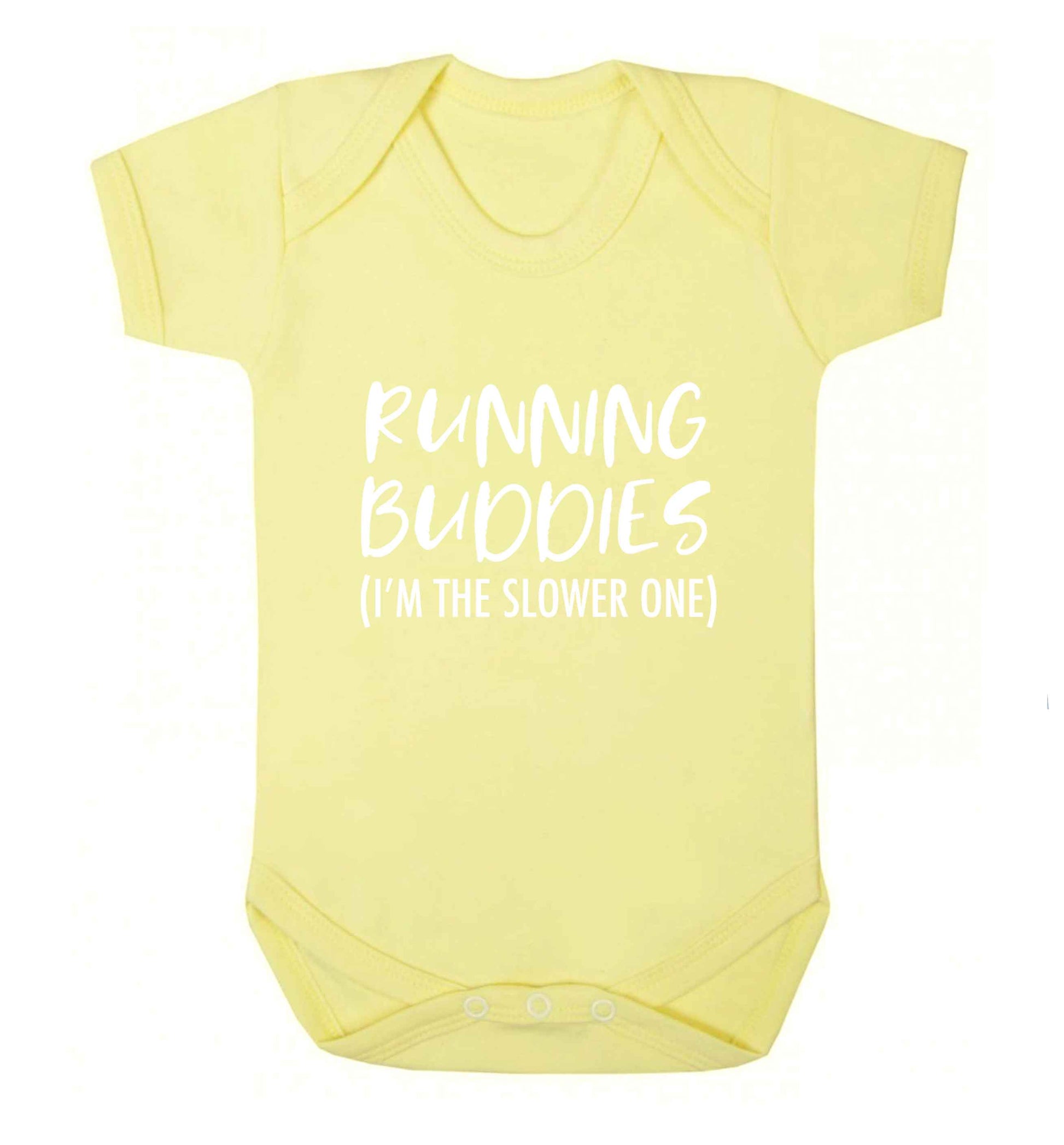 Running buddies (I'm the slower one) baby vest pale yellow 18-24 months
