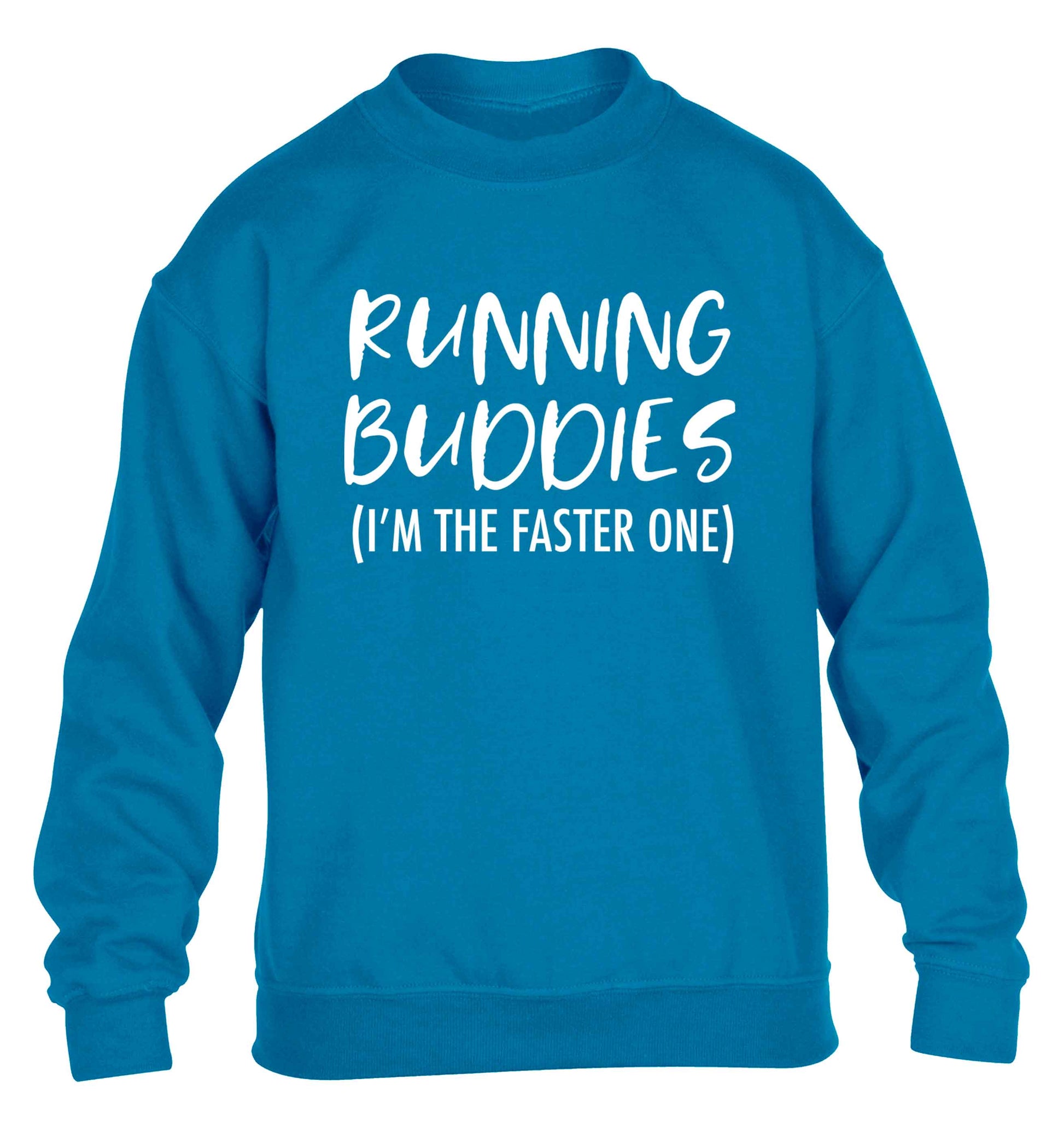 Running buddies (I'm the faster one) children's blue sweater 12-13 Years