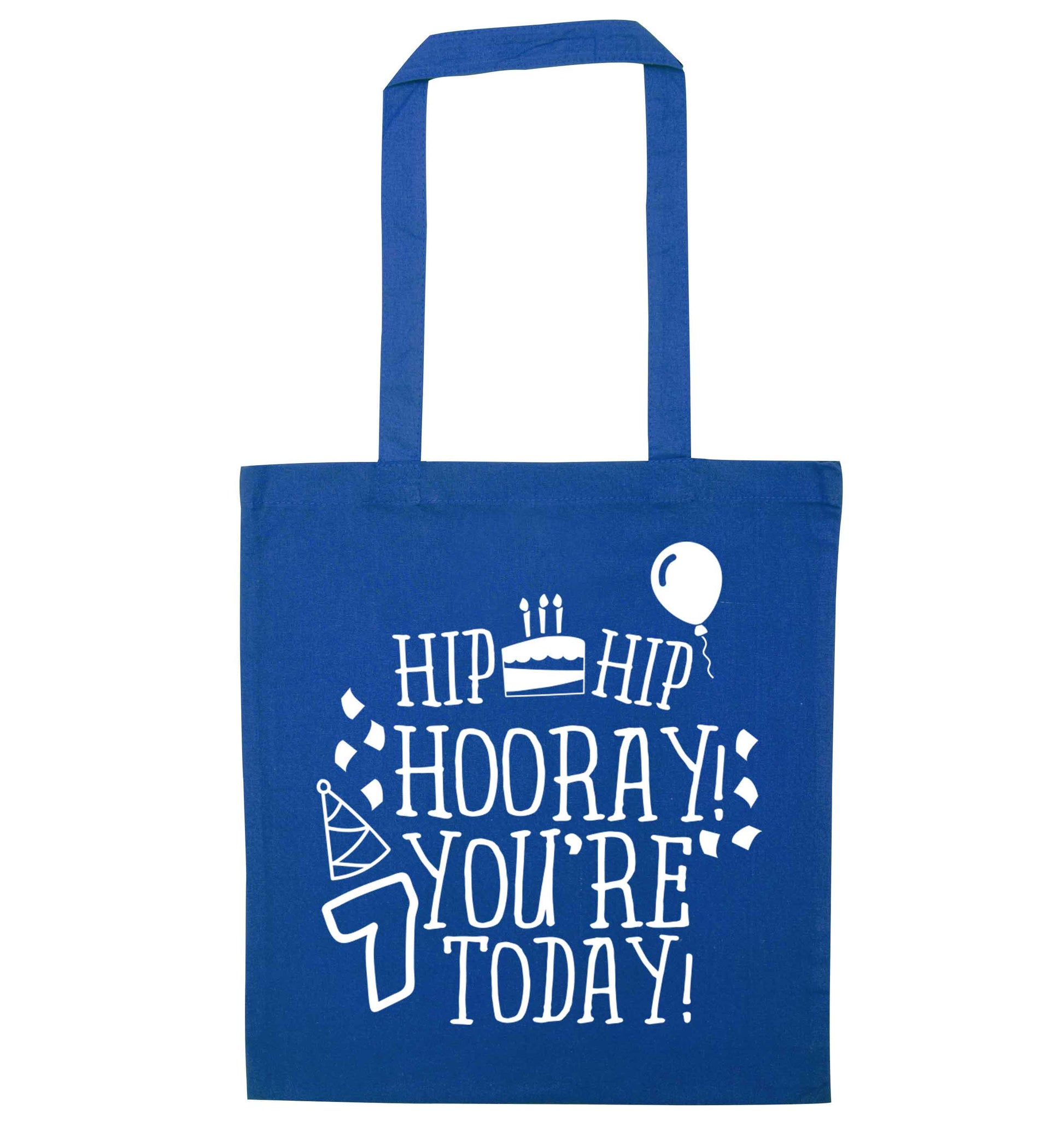 Hip hip hooray you're seven today! blue tote bag