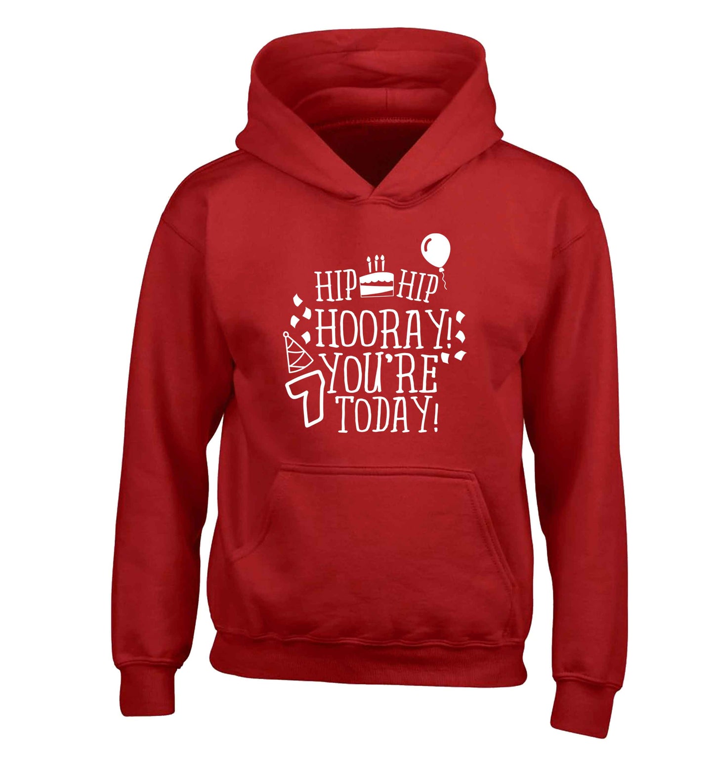 Hip hip hooray you're seven today! children's red hoodie 12-13 Years