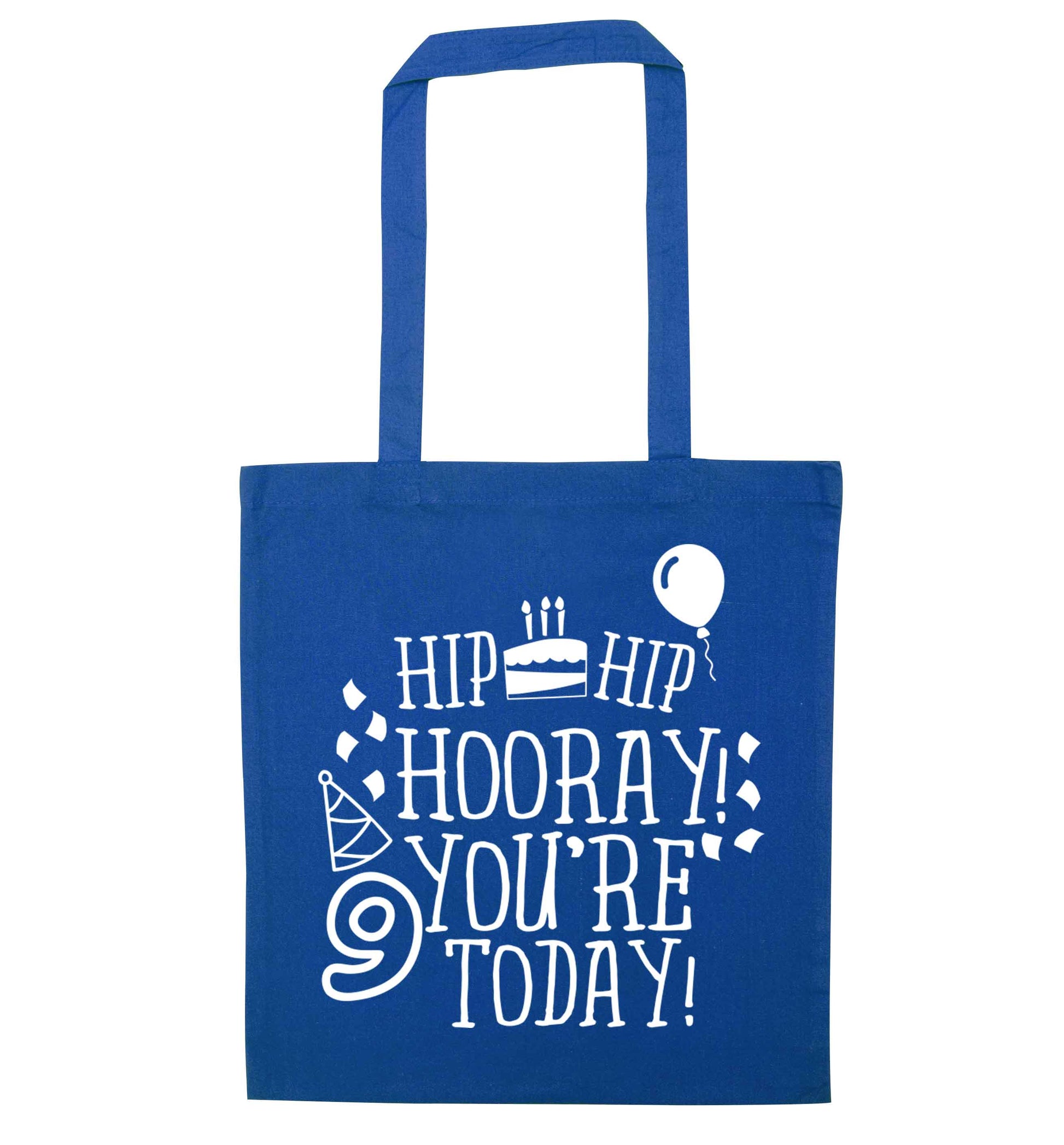 Hip hip hooray you're 9 today! blue tote bag