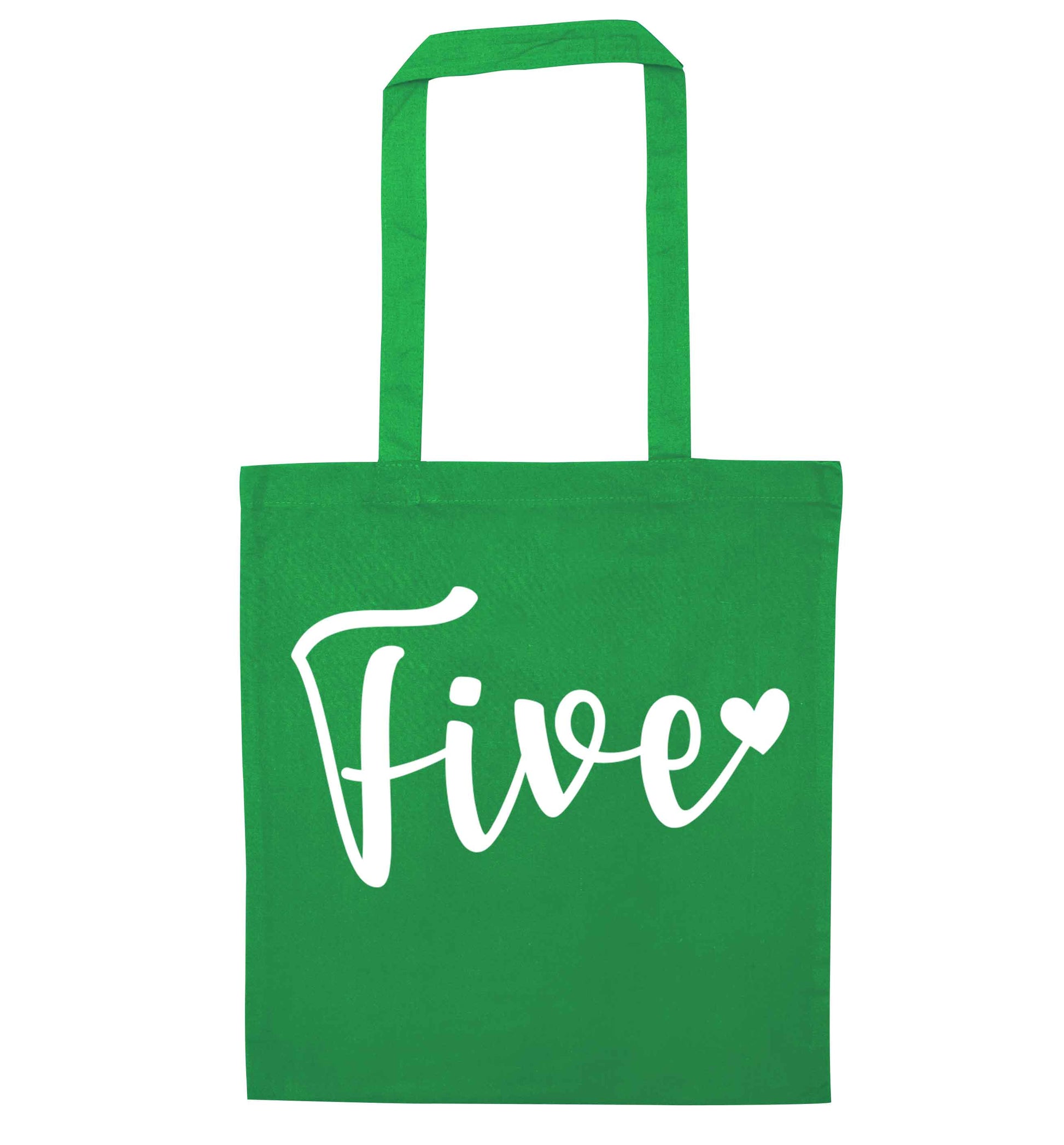 Five and heart green tote bag