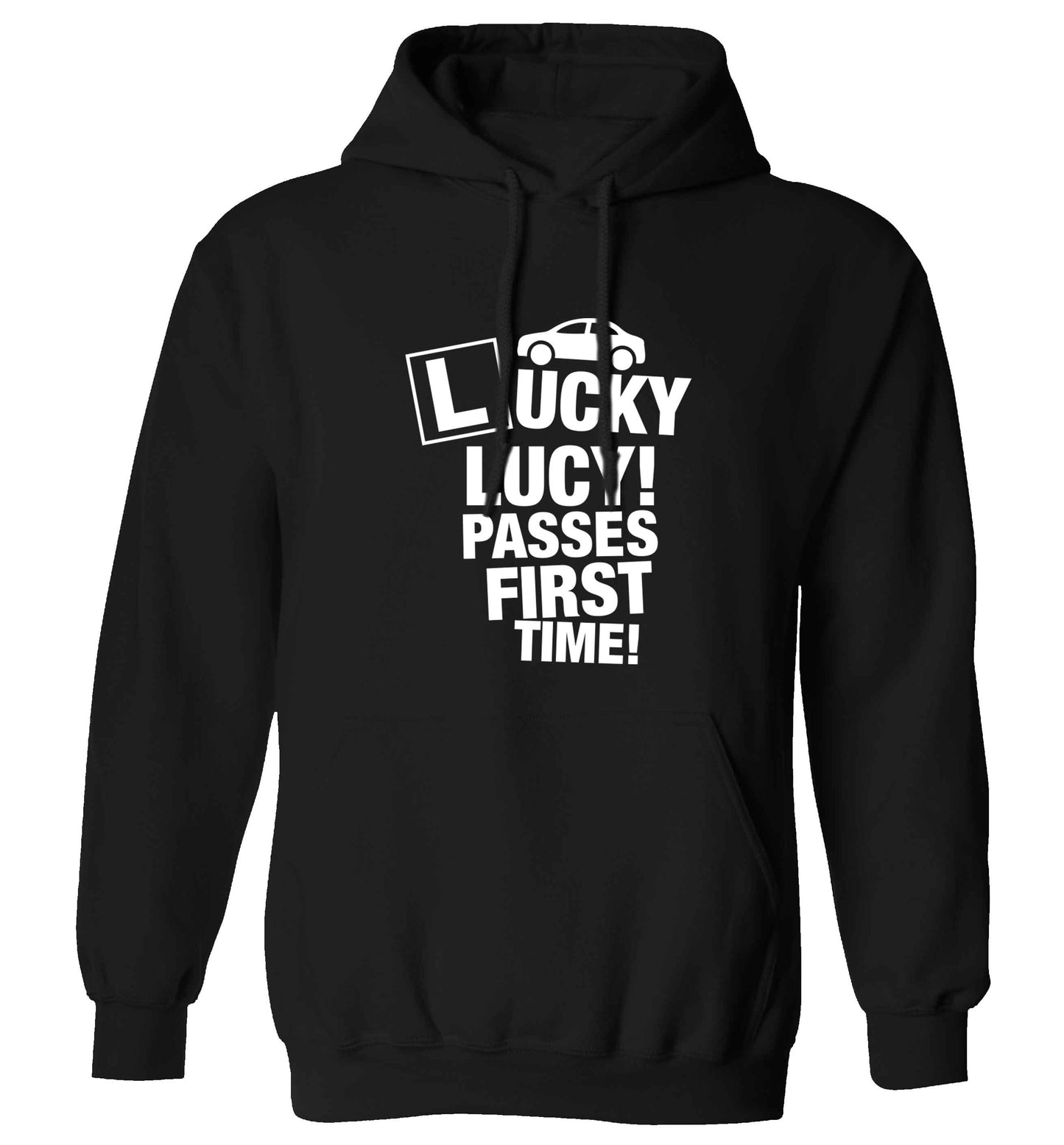 Personalised Lucky passes first time adults unisex black hoodie 2XL