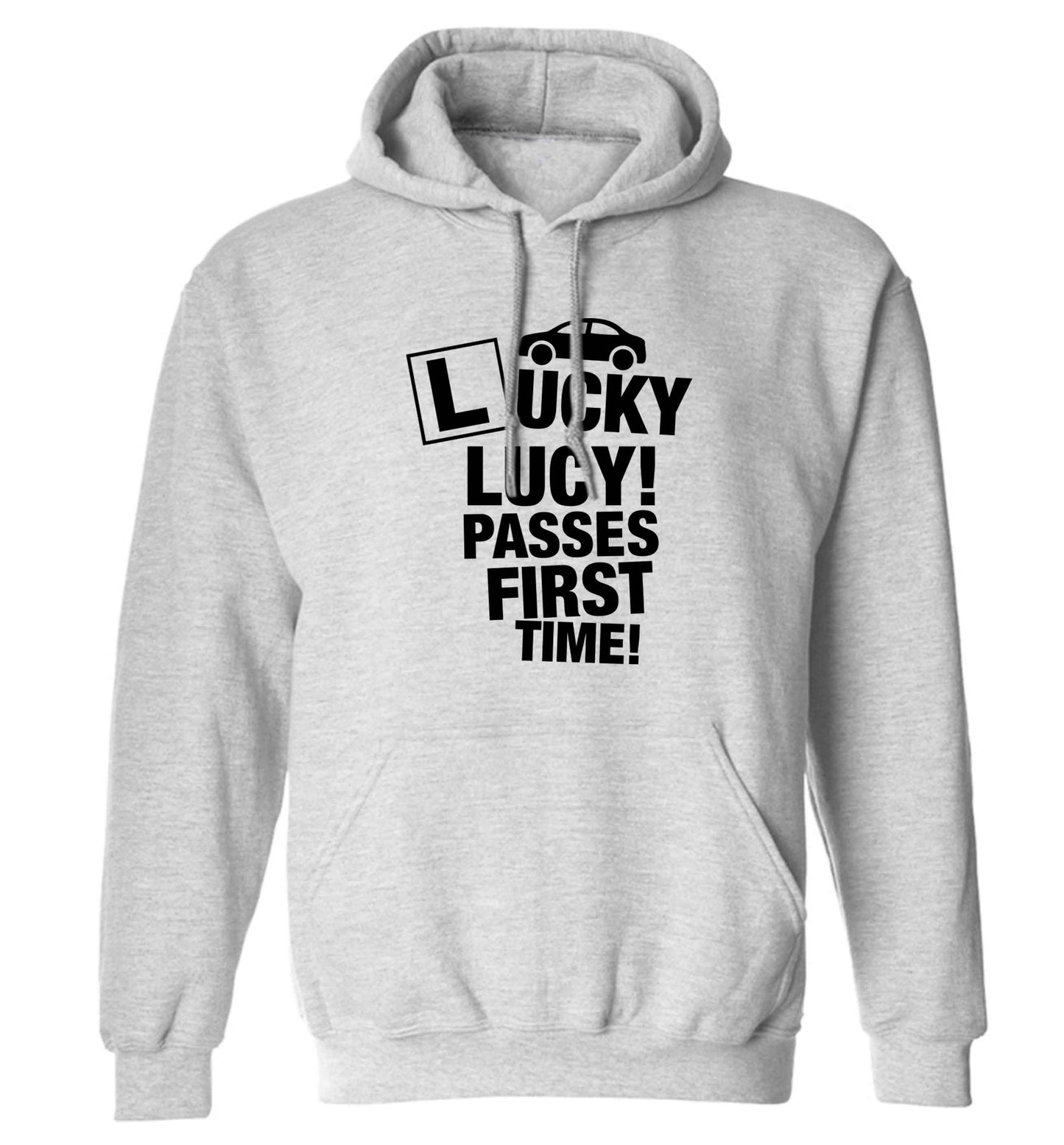 Personalised Lucky passes first time adults unisex grey hoodie 2XL