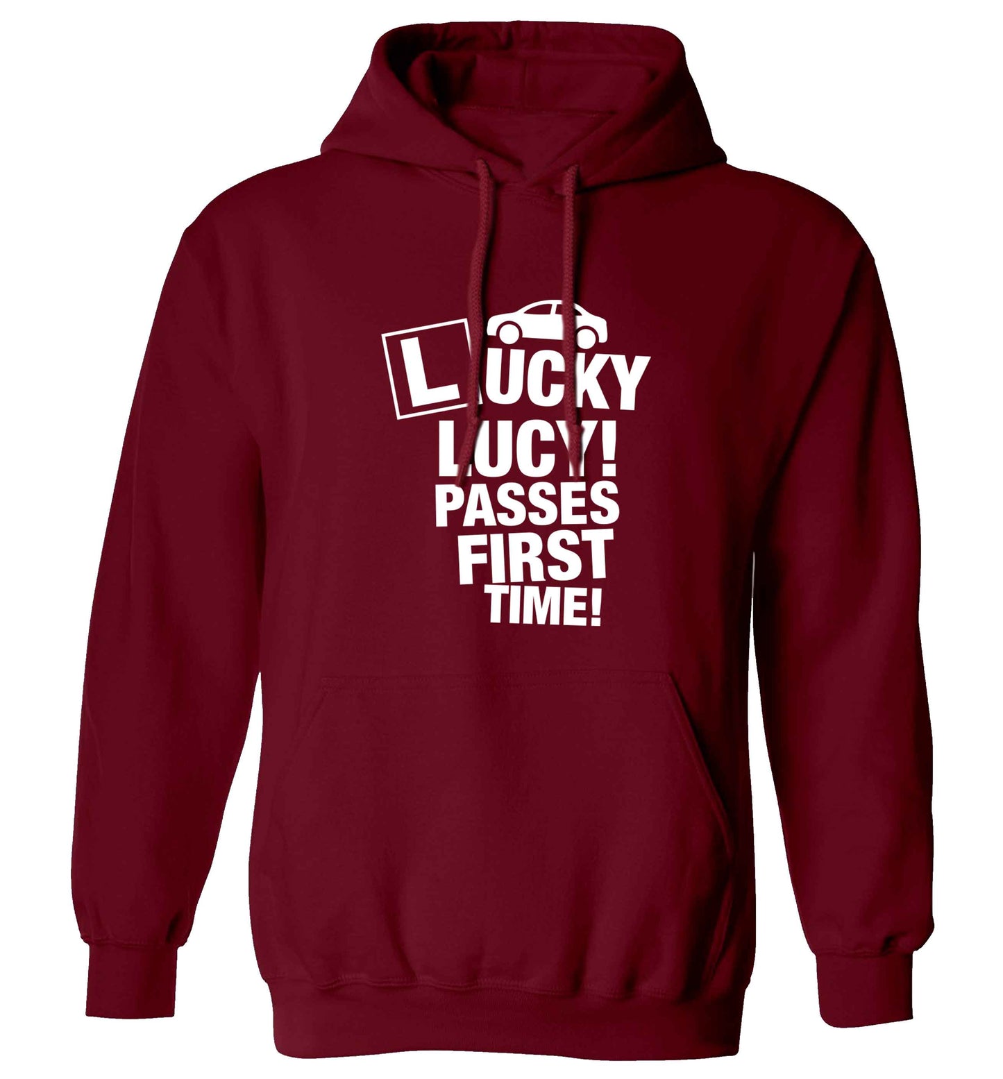 Personalised Lucky passes first time adults unisex maroon hoodie 2XL