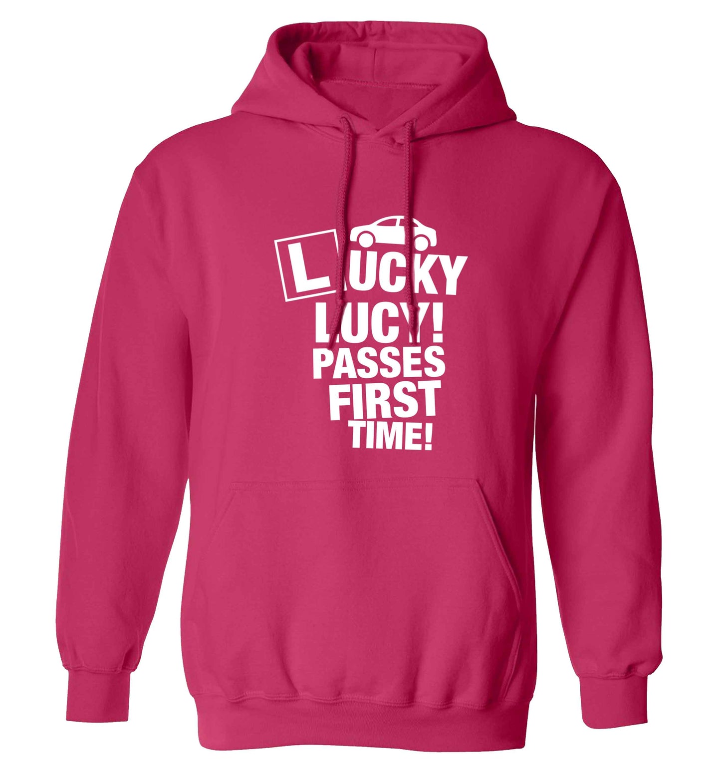Personalised Lucky passes first time adults unisex pink hoodie 2XL