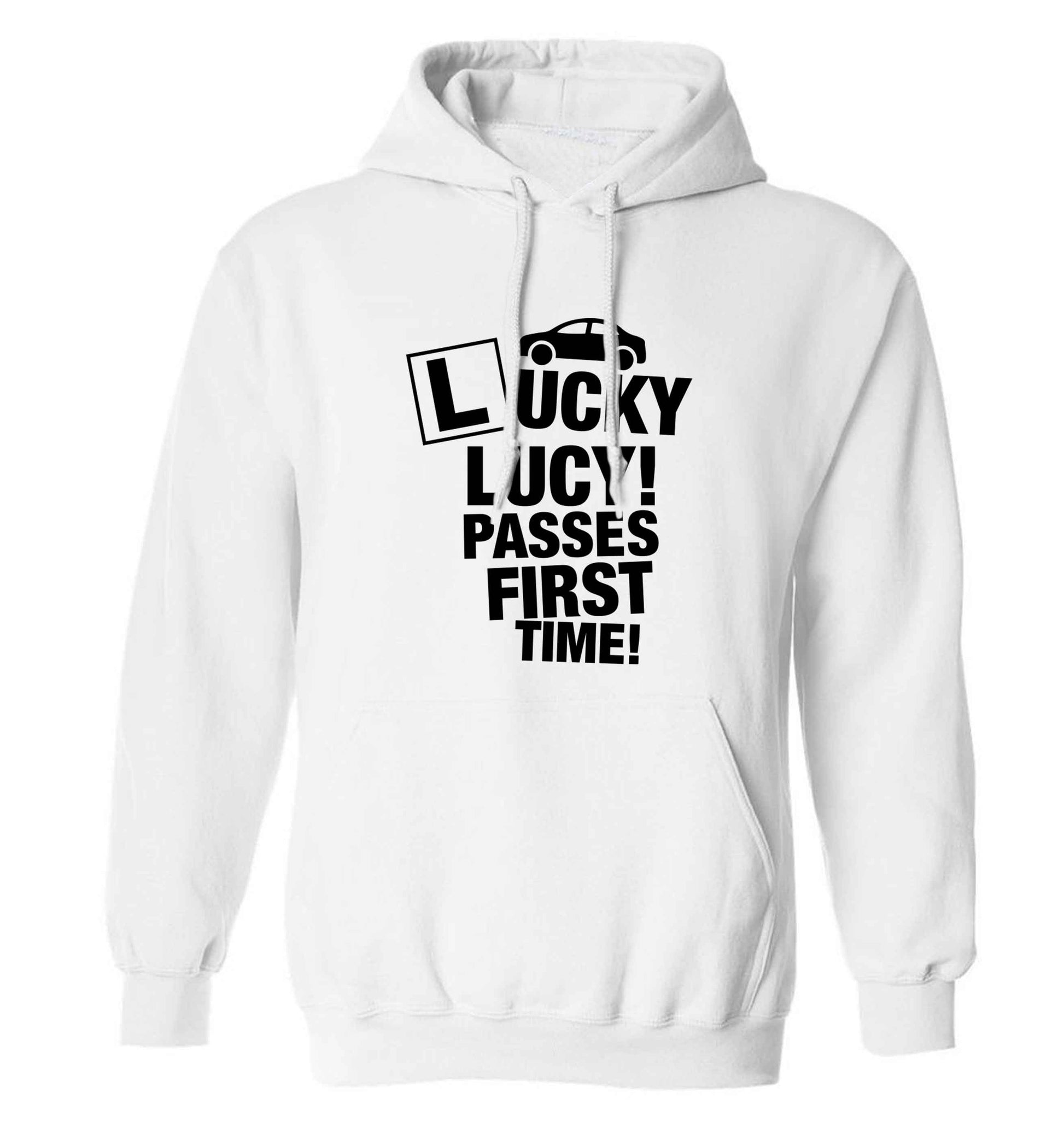 Personalised Lucky passes first time adults unisex white hoodie 2XL