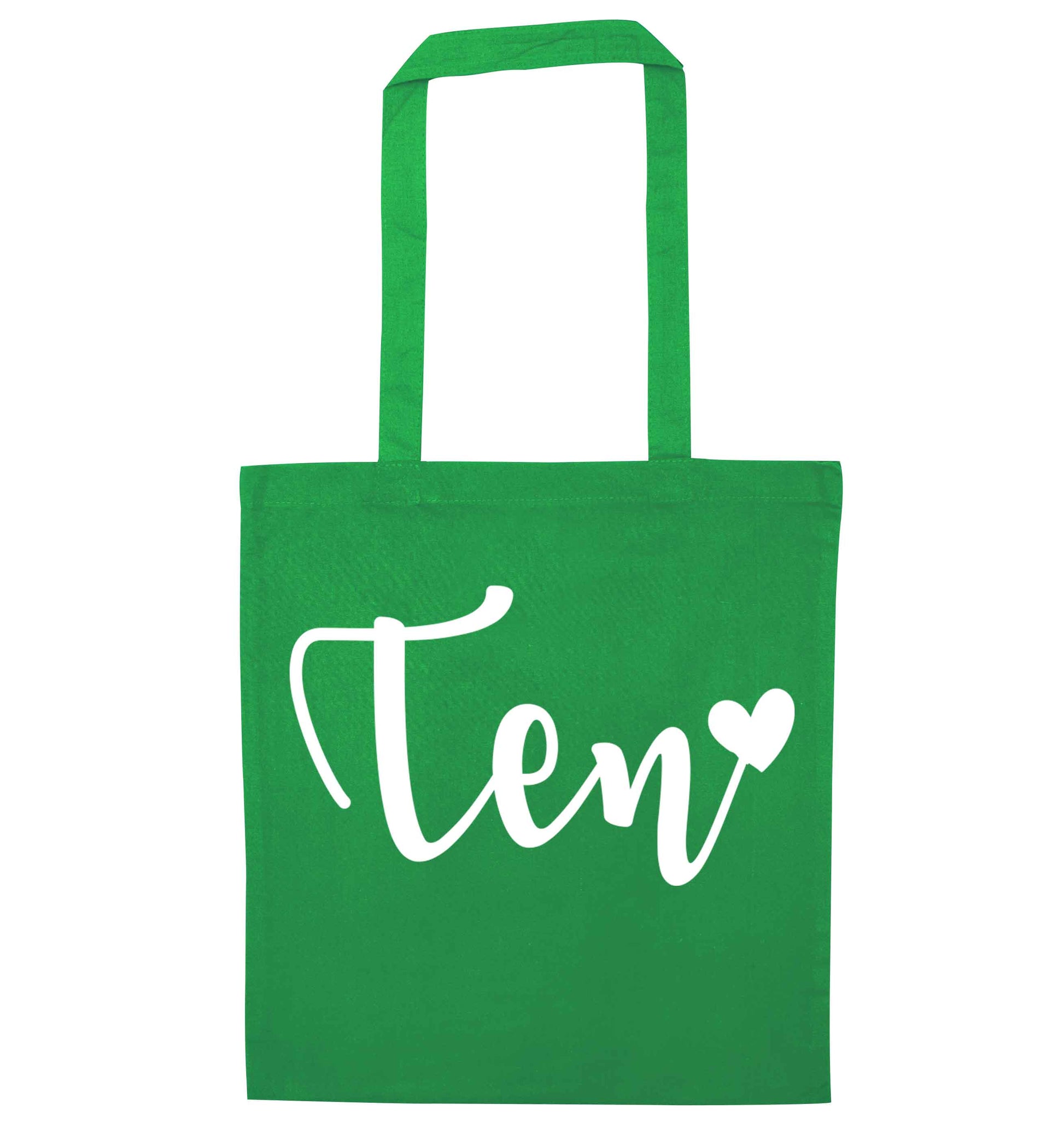 Ten and heart green tote bag