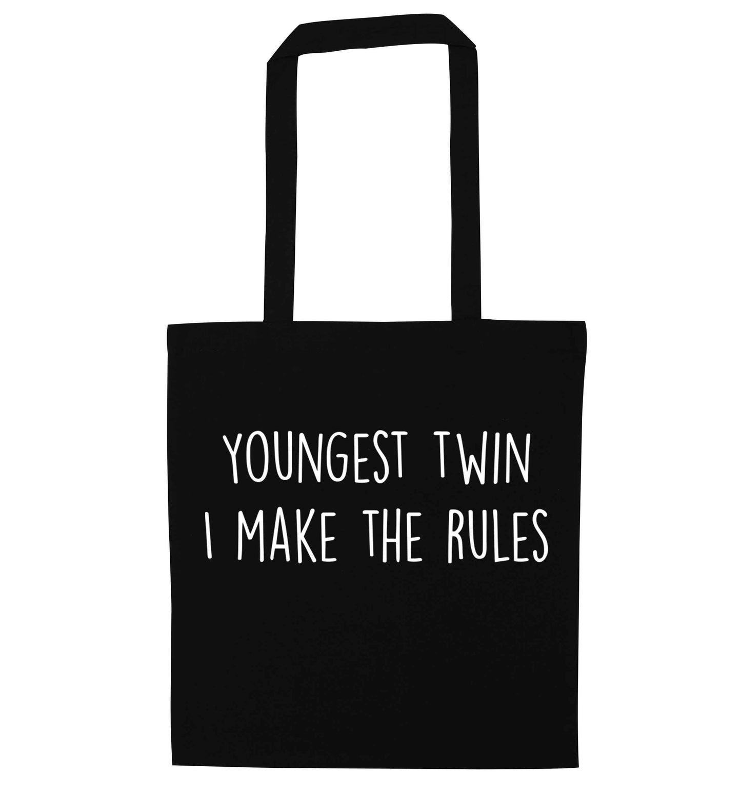 Youngest twin I make the rules black tote bag