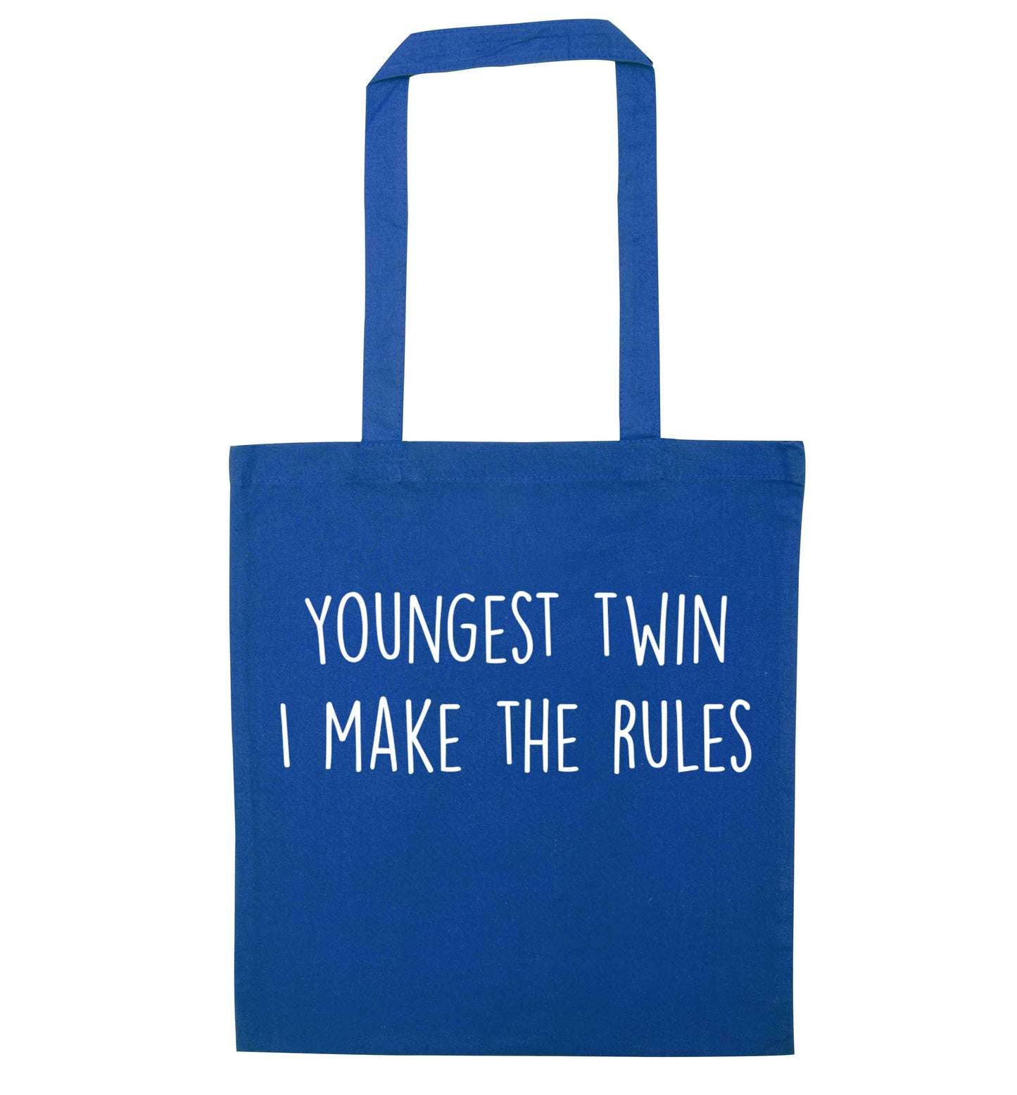 Youngest twin I make the rules blue tote bag