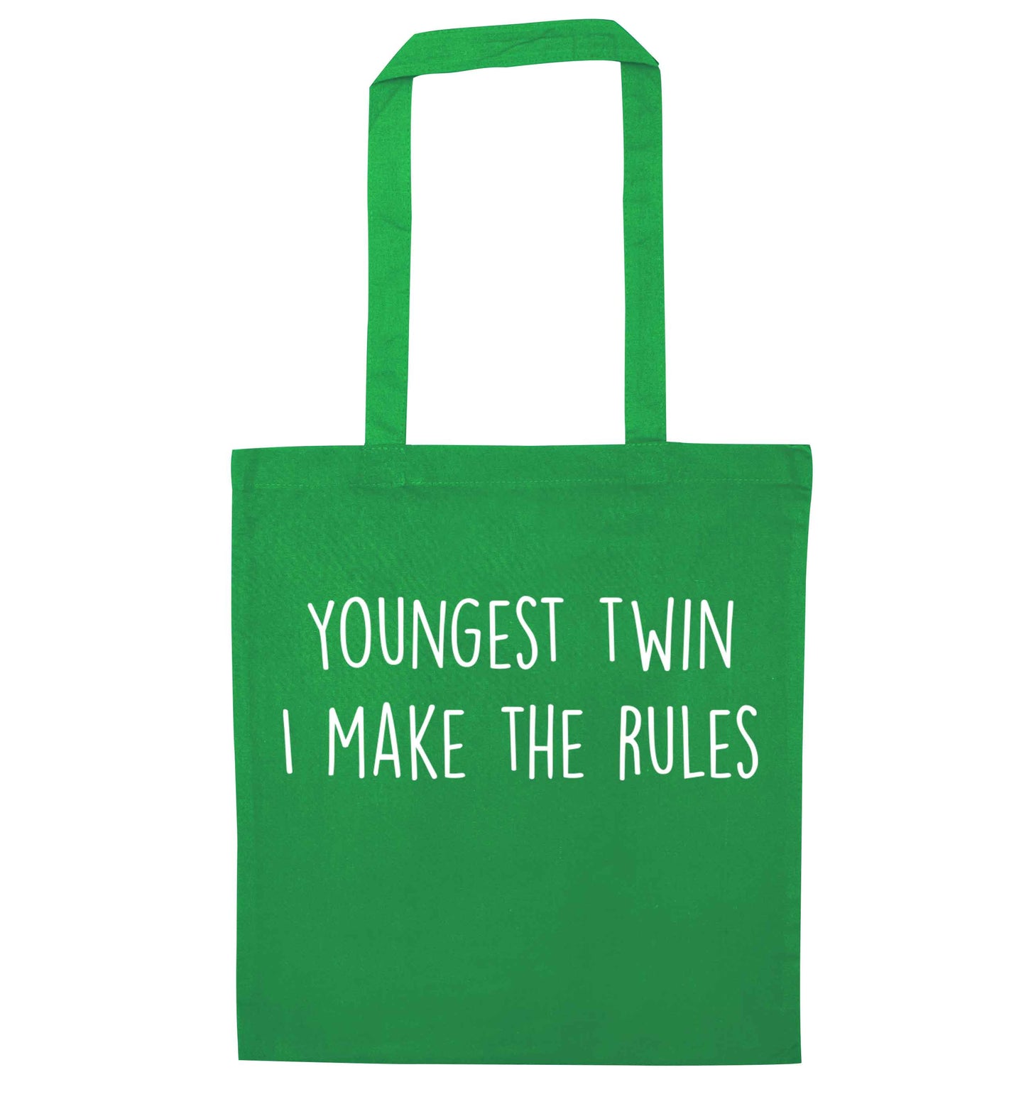 Youngest twin I make the rules green tote bag