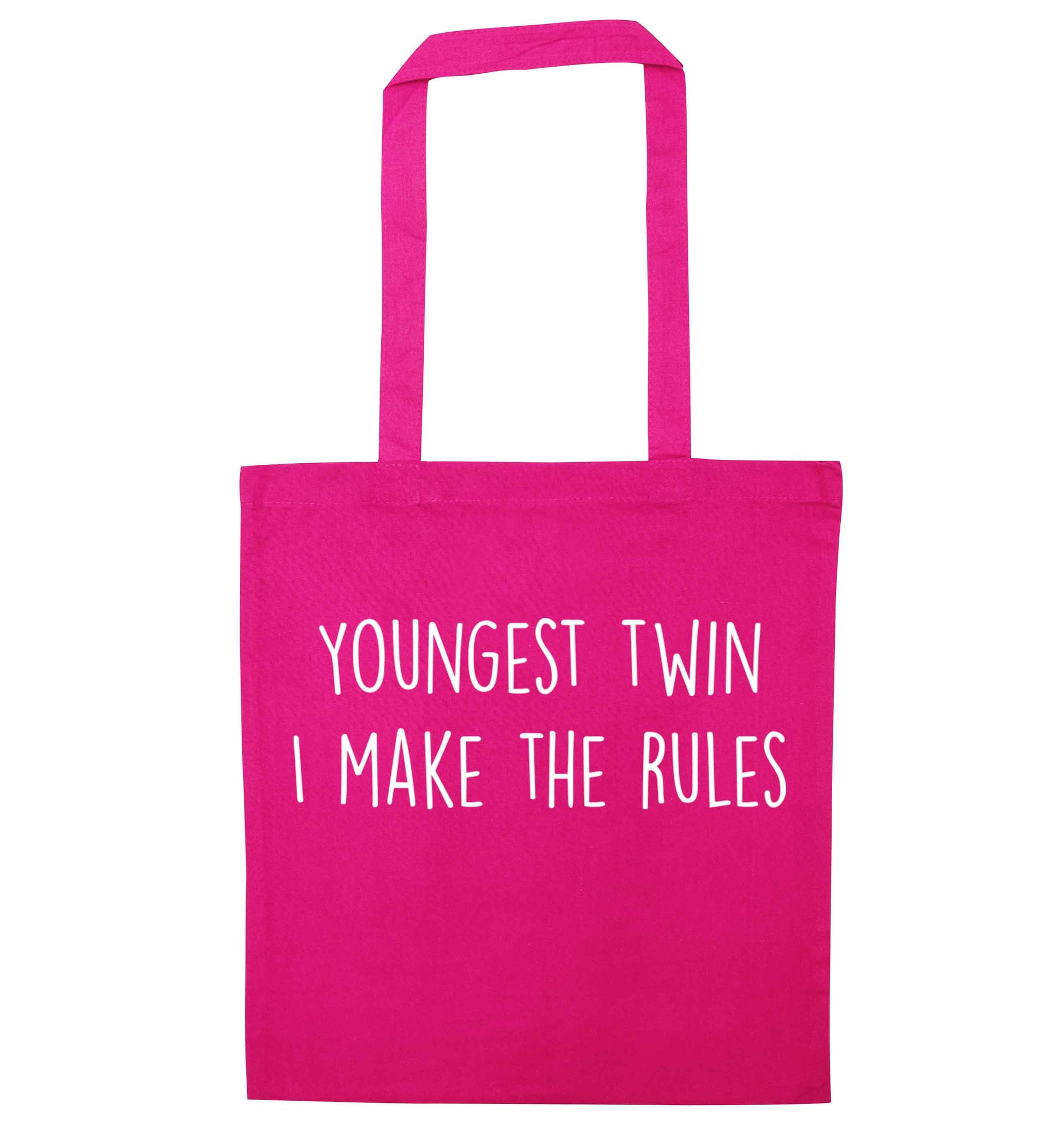 Youngest twin I make the rules pink tote bag