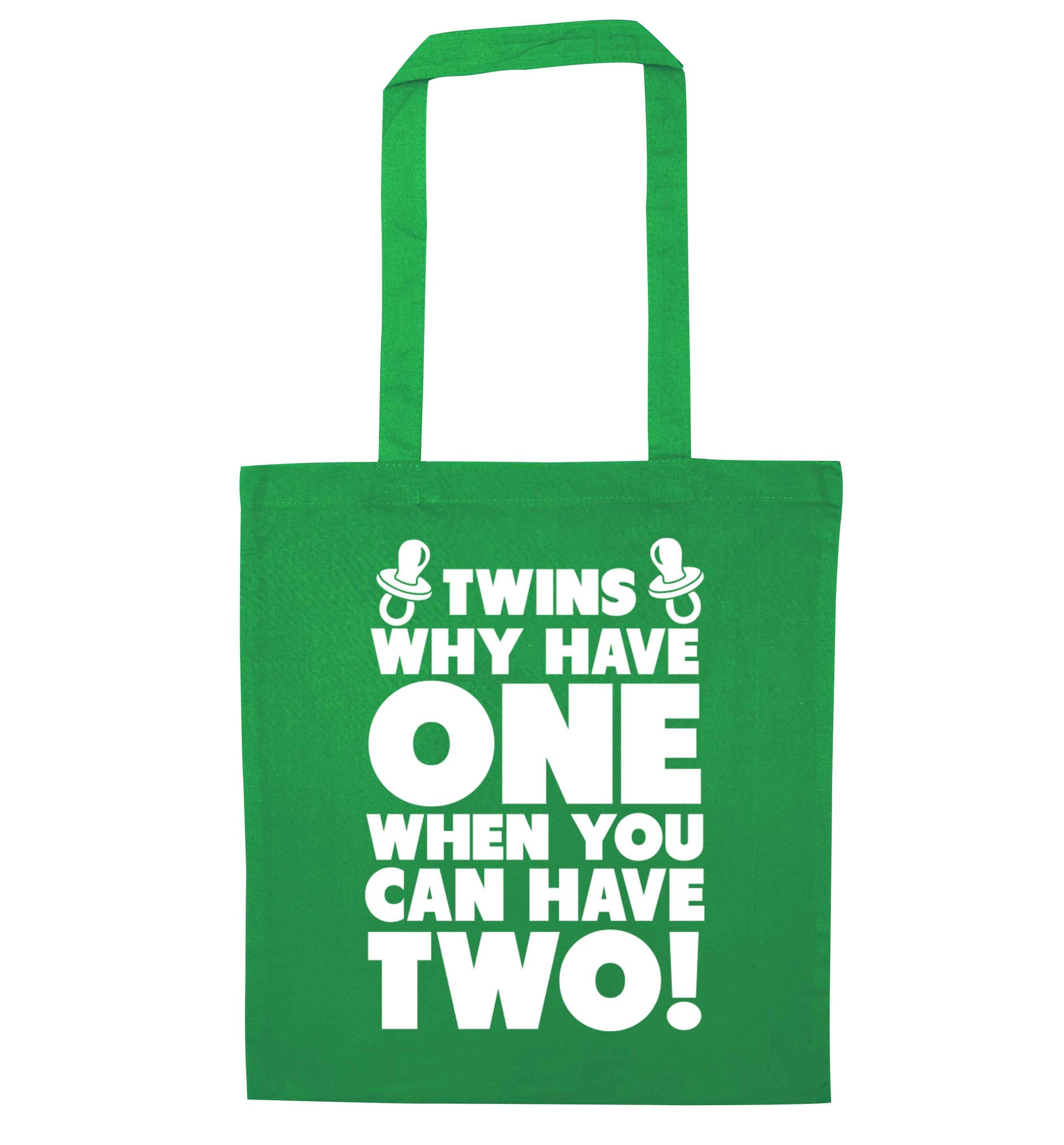 Twins why have one when you can have two green tote bag