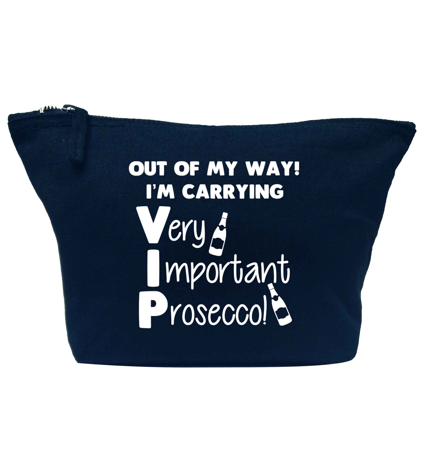 Out of my way I'm carrying very important prosecco! navy makeup bag