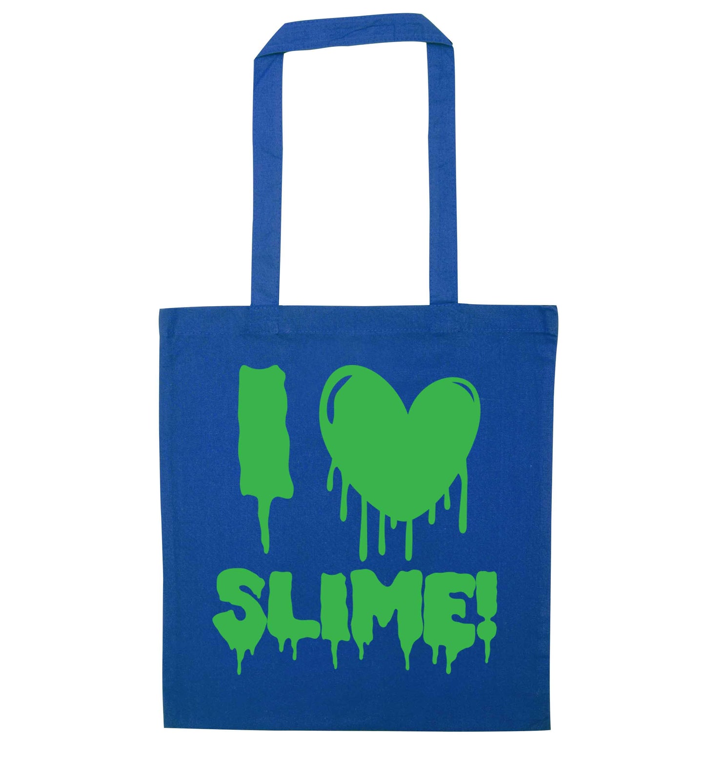 Neon green I love slime blue tote bag