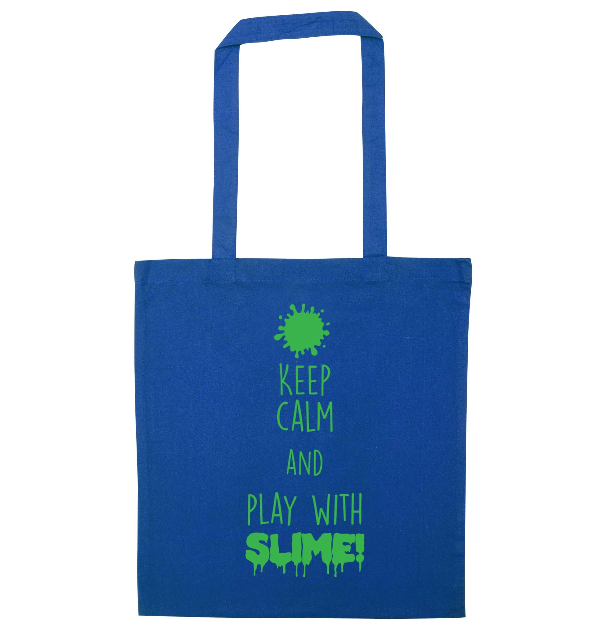 Neon green keep calm and play with slime!blue tote bag