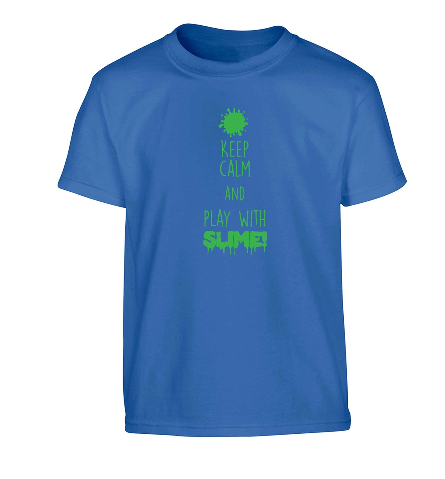Neon green keep calm and play with slime!Children's blue Tshirt 12-13 Years