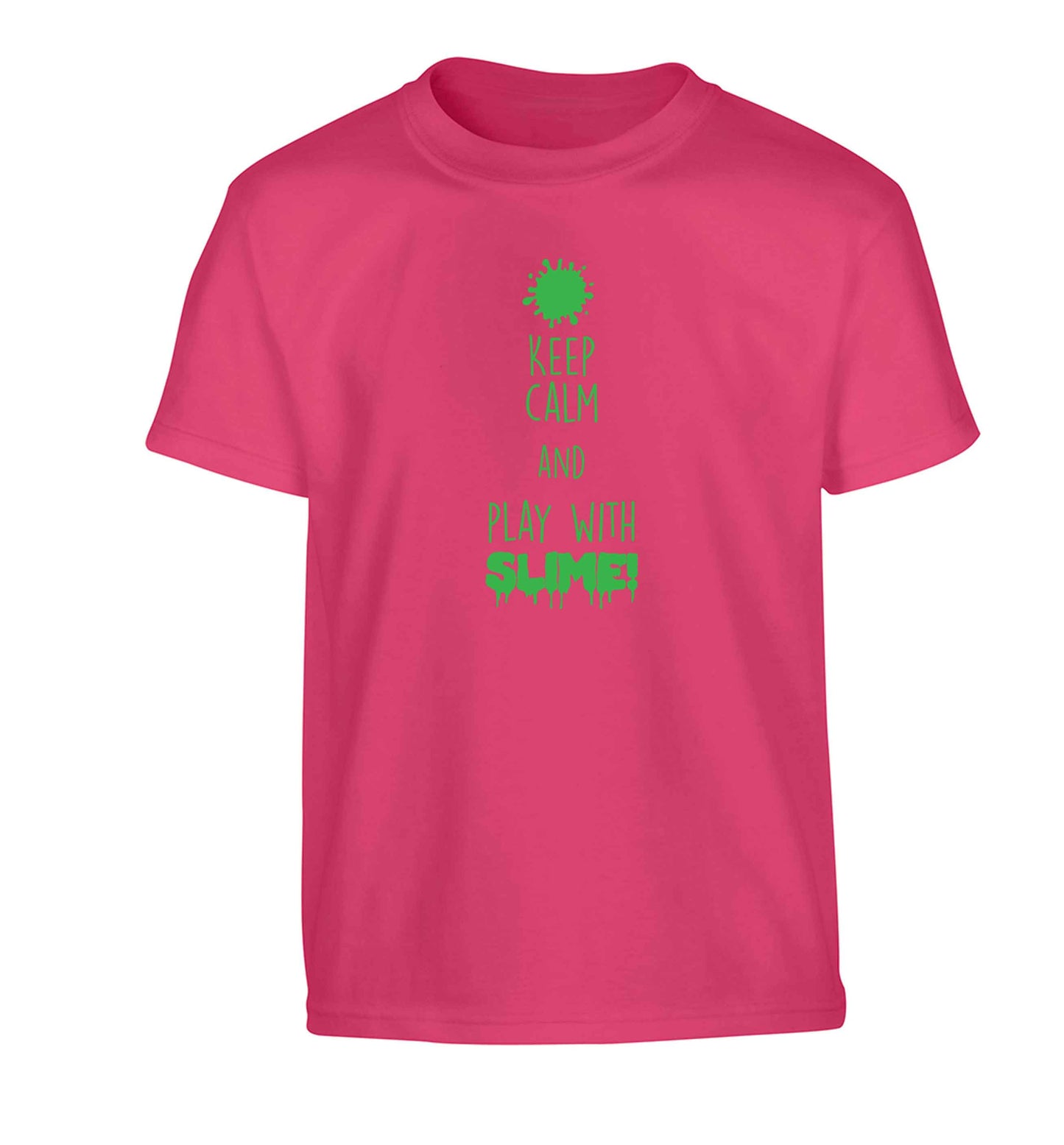 Neon green keep calm and play with slime!Children's pink Tshirt 12-13 Years