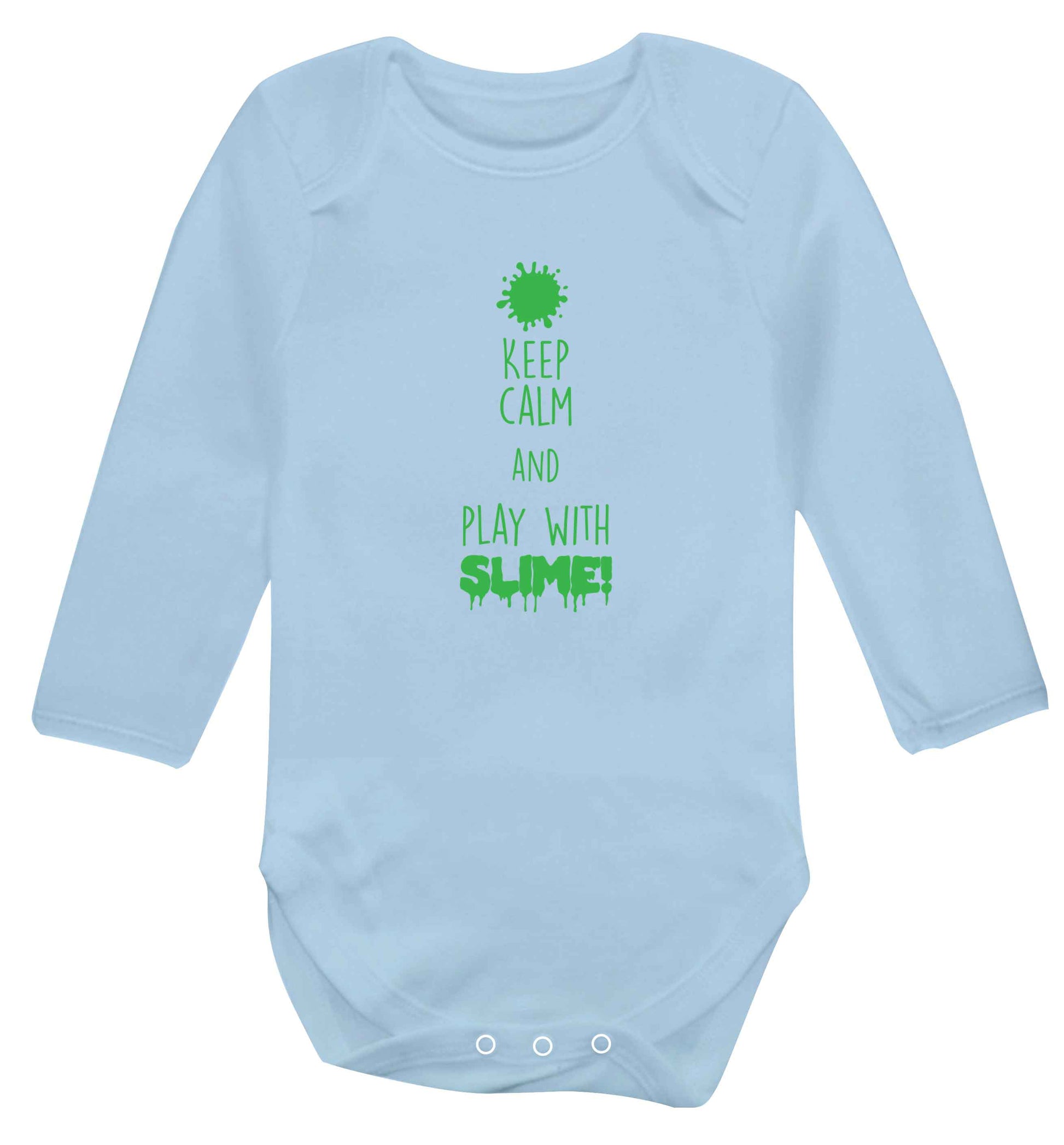 Neon green keep calm and play with slime!baby vest long sleeved pale blue 6-12 months