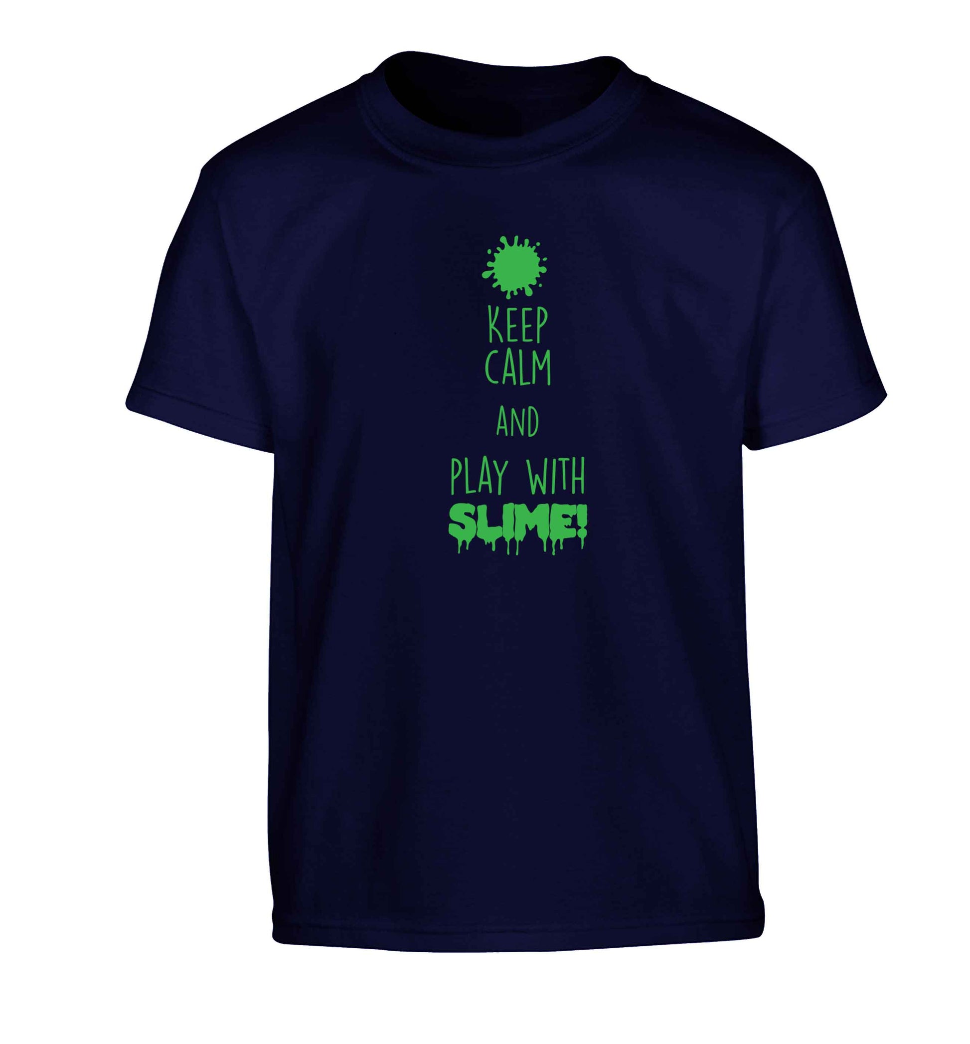 Neon green keep calm and play with slime!Children's navy Tshirt 12-13 Years