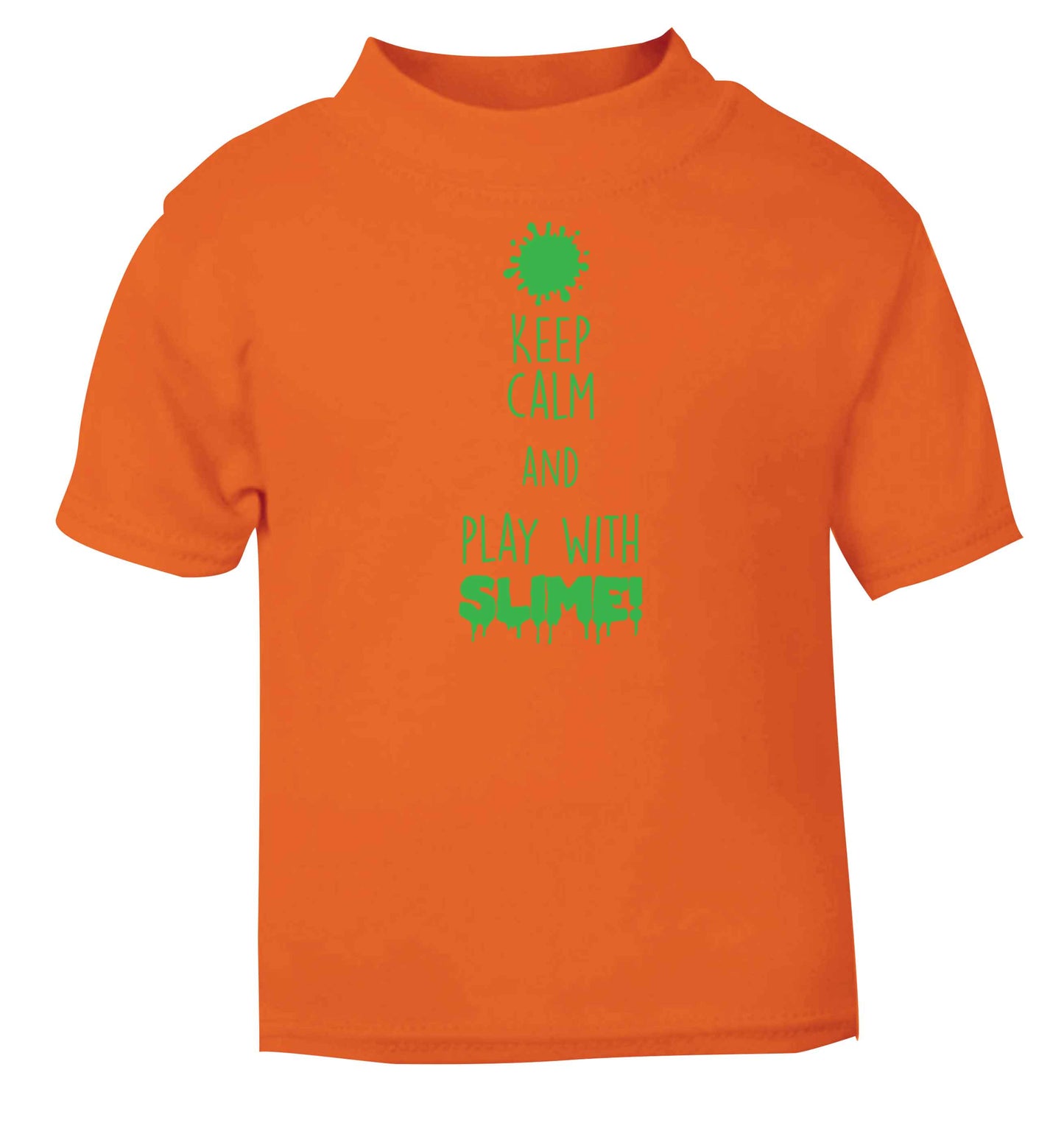 Neon green keep calm and play with slime!orange baby toddler Tshirt 2 Years