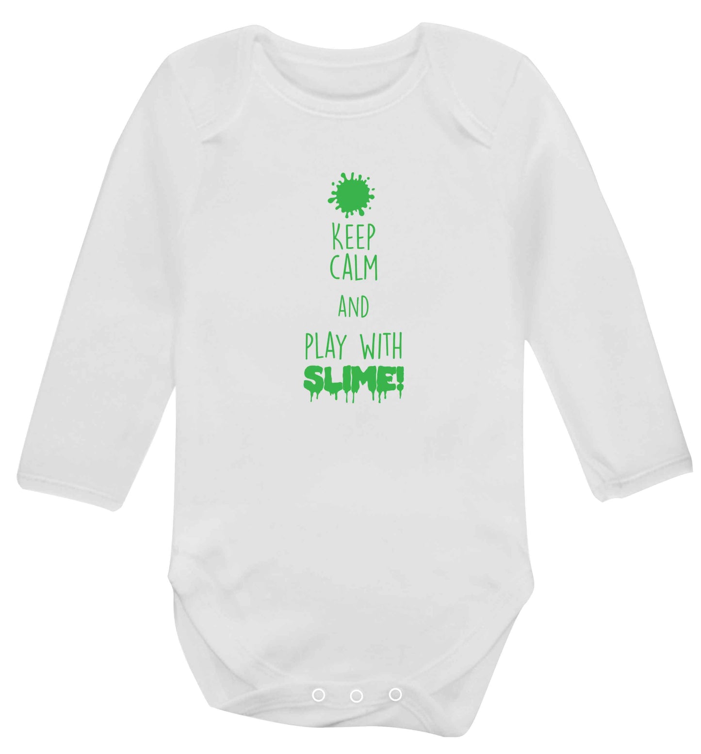 Neon green keep calm and play with slime!baby vest long sleeved white 6-12 months