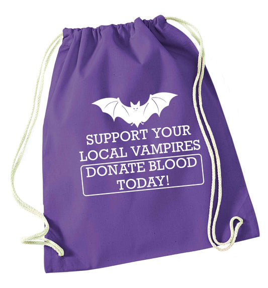 Support your local vampires donate blood today! purple drawstring bag