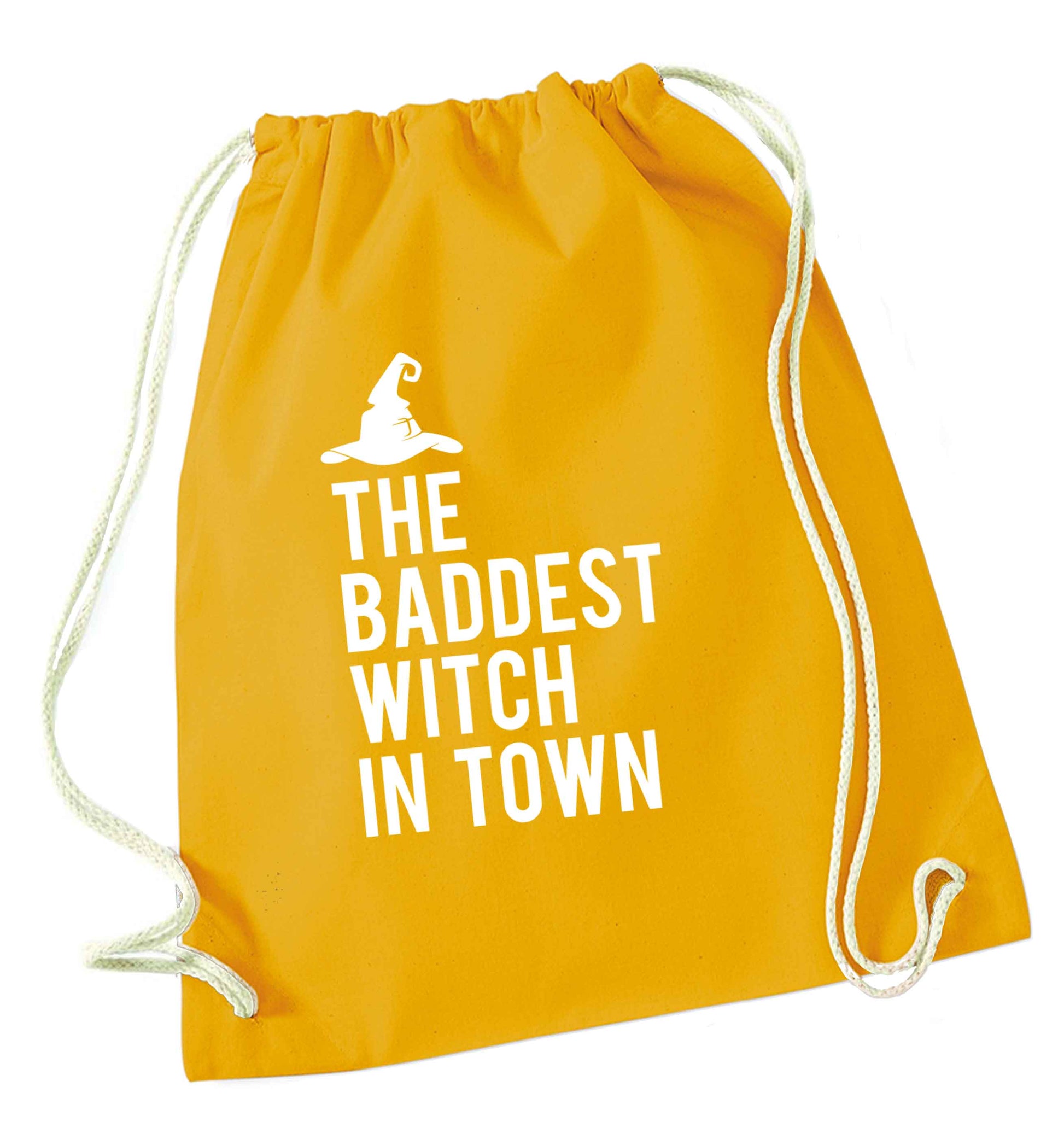 Badest witch in town mustard drawstring bag