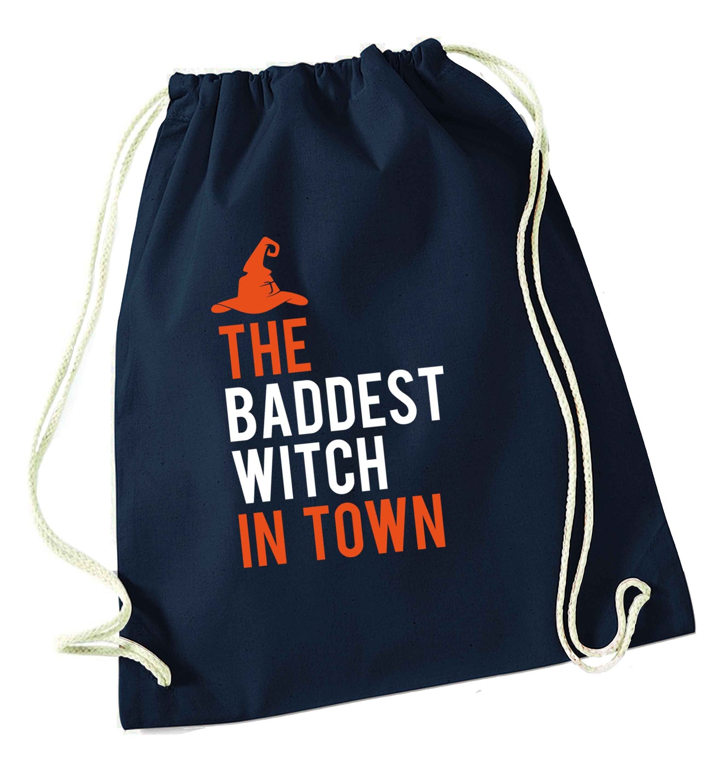 Badest witch in town navy drawstring bag