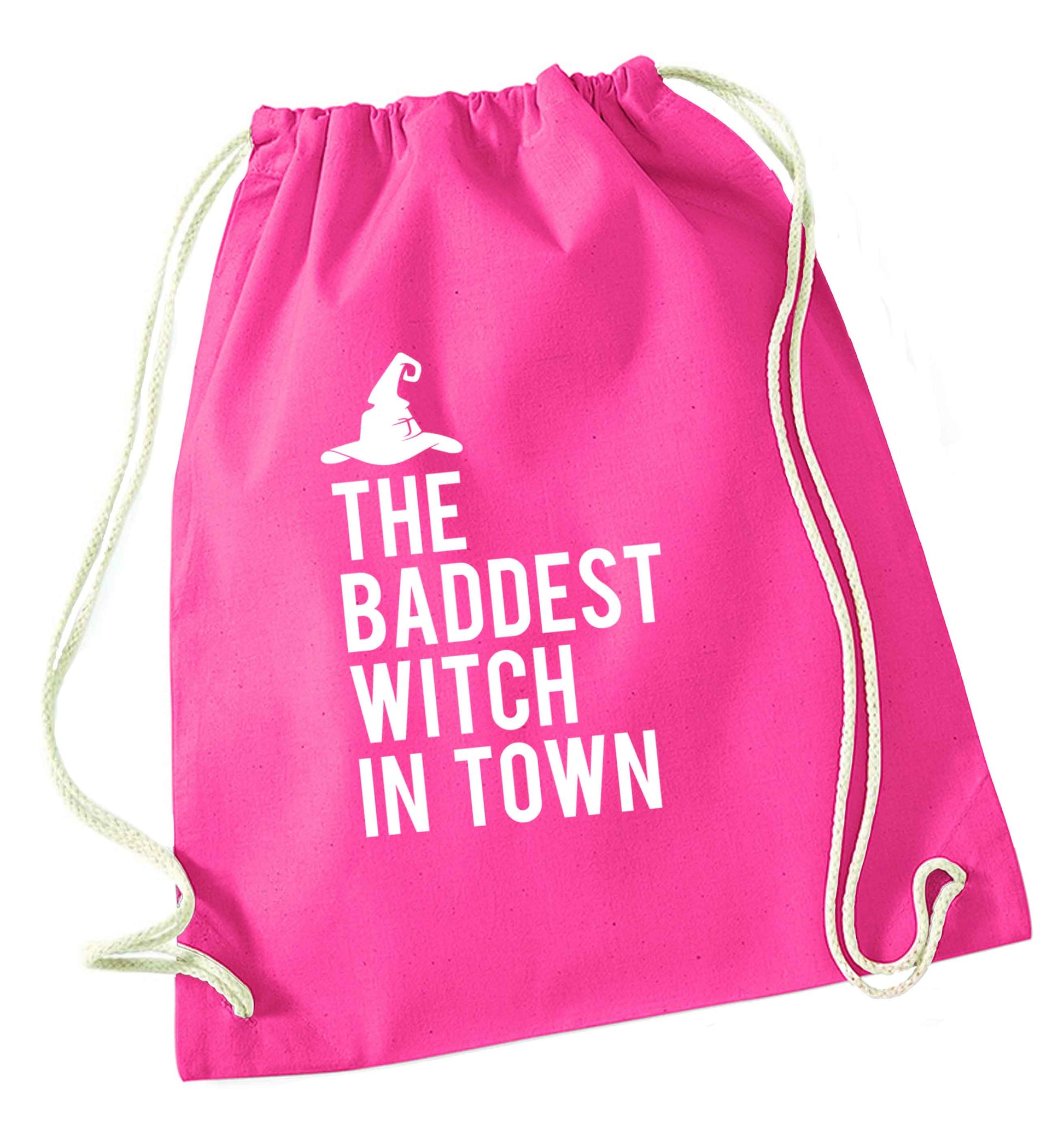 Badest witch in town pink drawstring bag