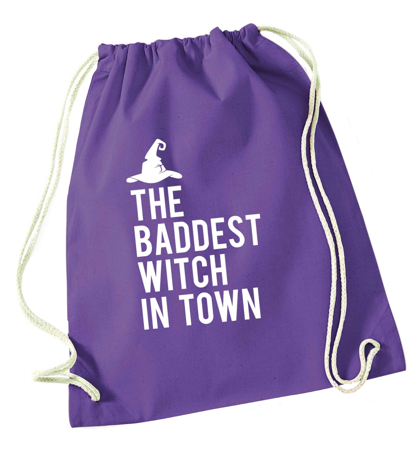 Badest witch in town purple drawstring bag