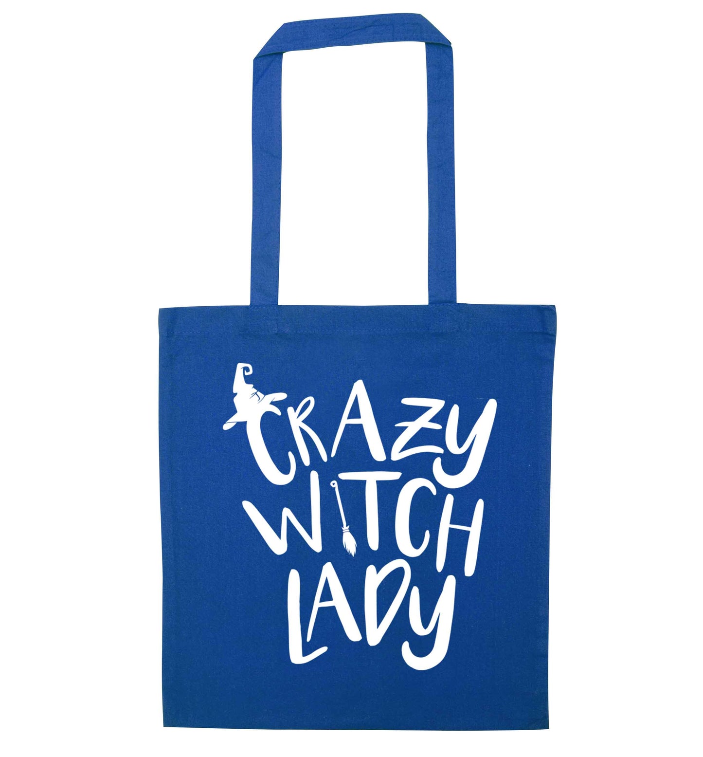 Crazy witch lady blue tote bag