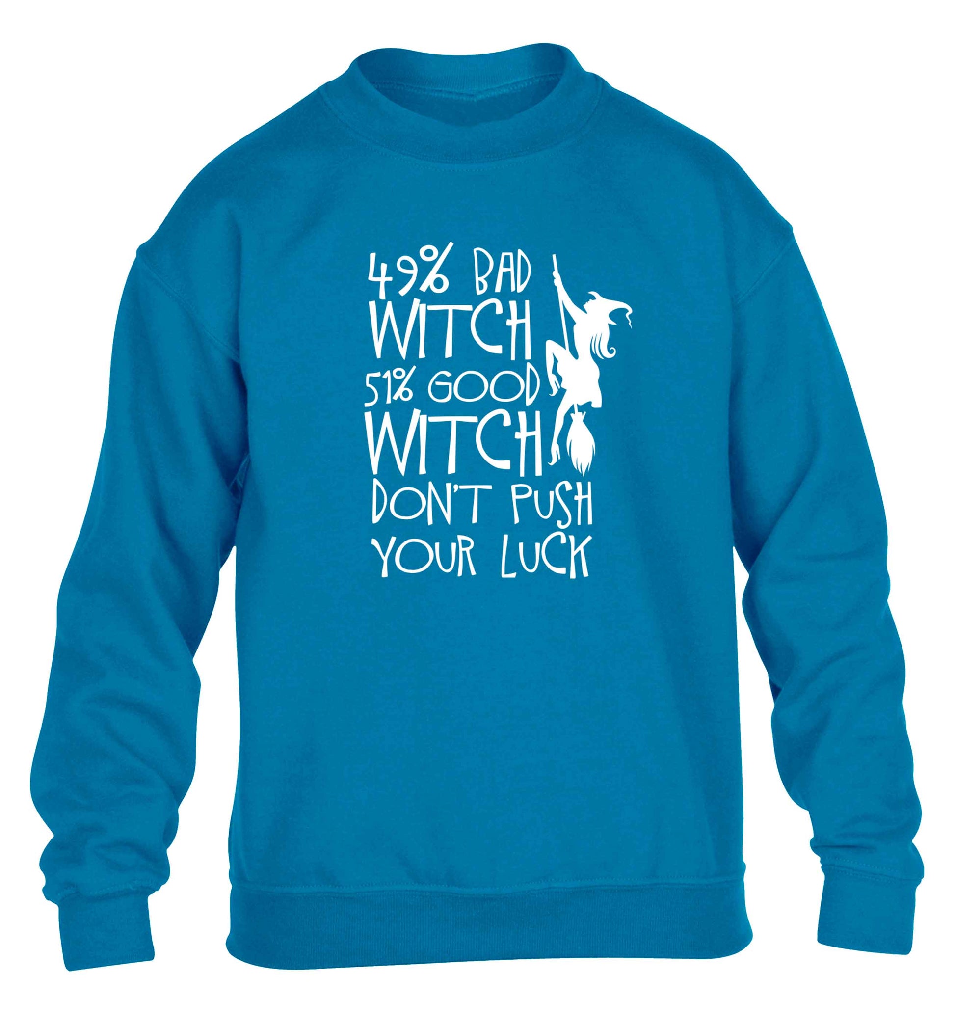 49% bad witch 51% good witch don't push your luck children's blue sweater 12-13 Years