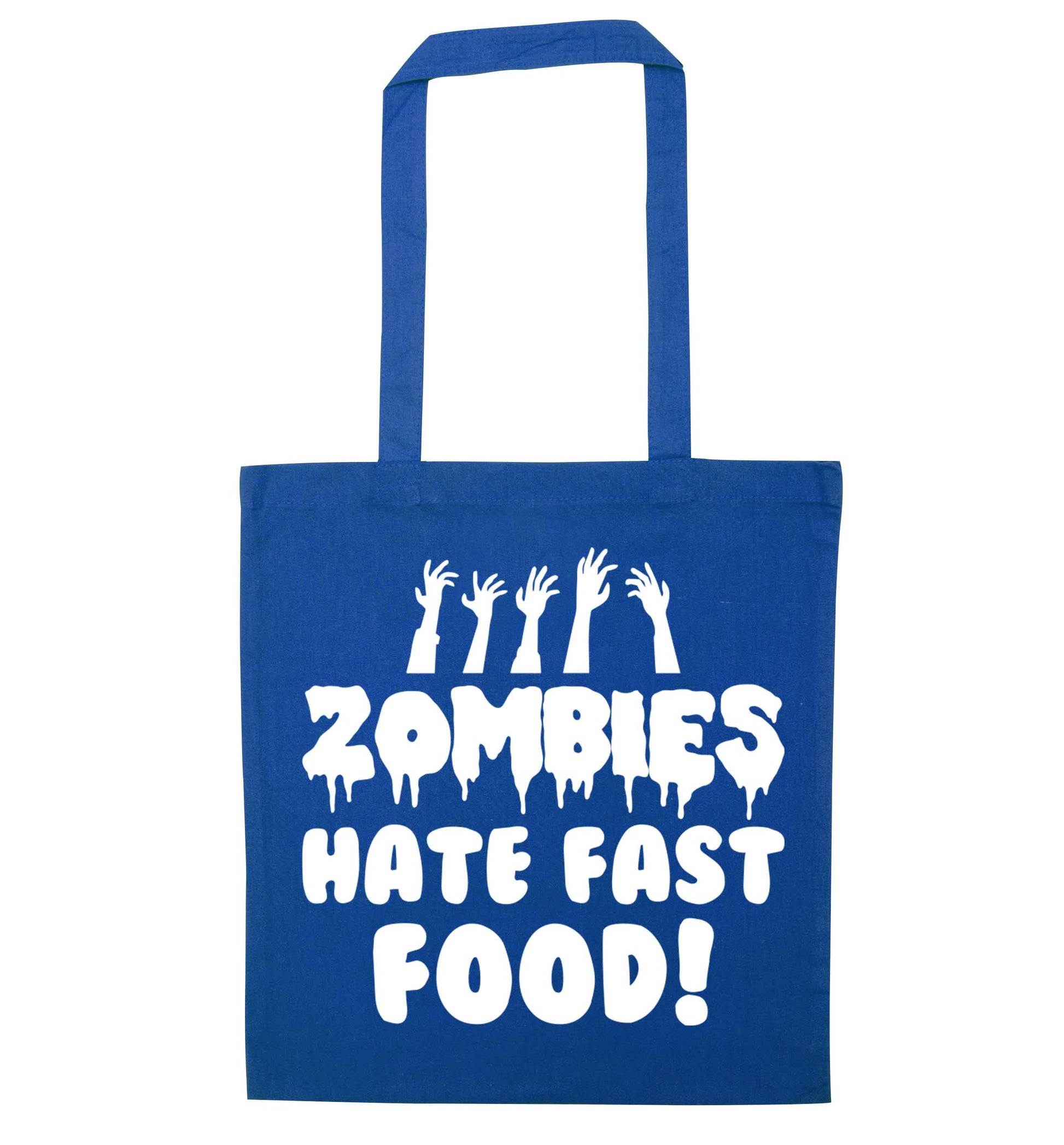 Zombies hate fast food blue tote bag