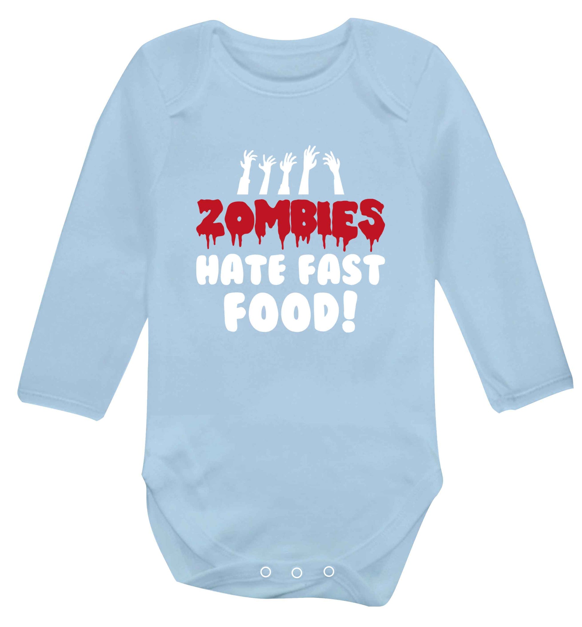 Zombies hate fast food baby vest long sleeved pale blue 6-12 months