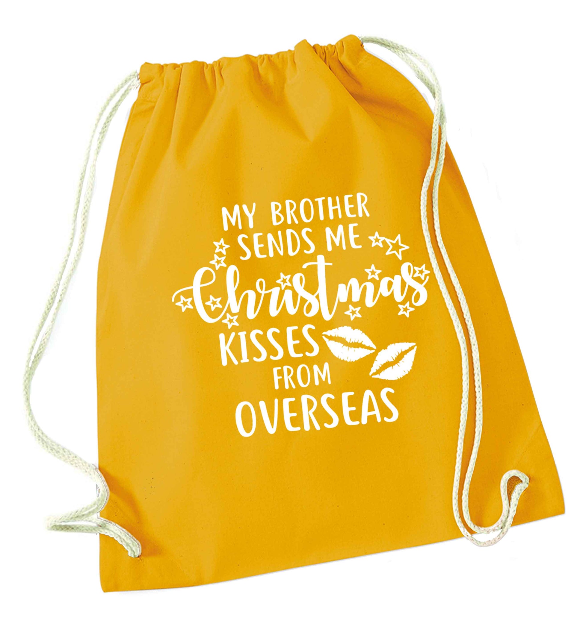 Brother Christmas Kisses Overseas mustard drawstring bag