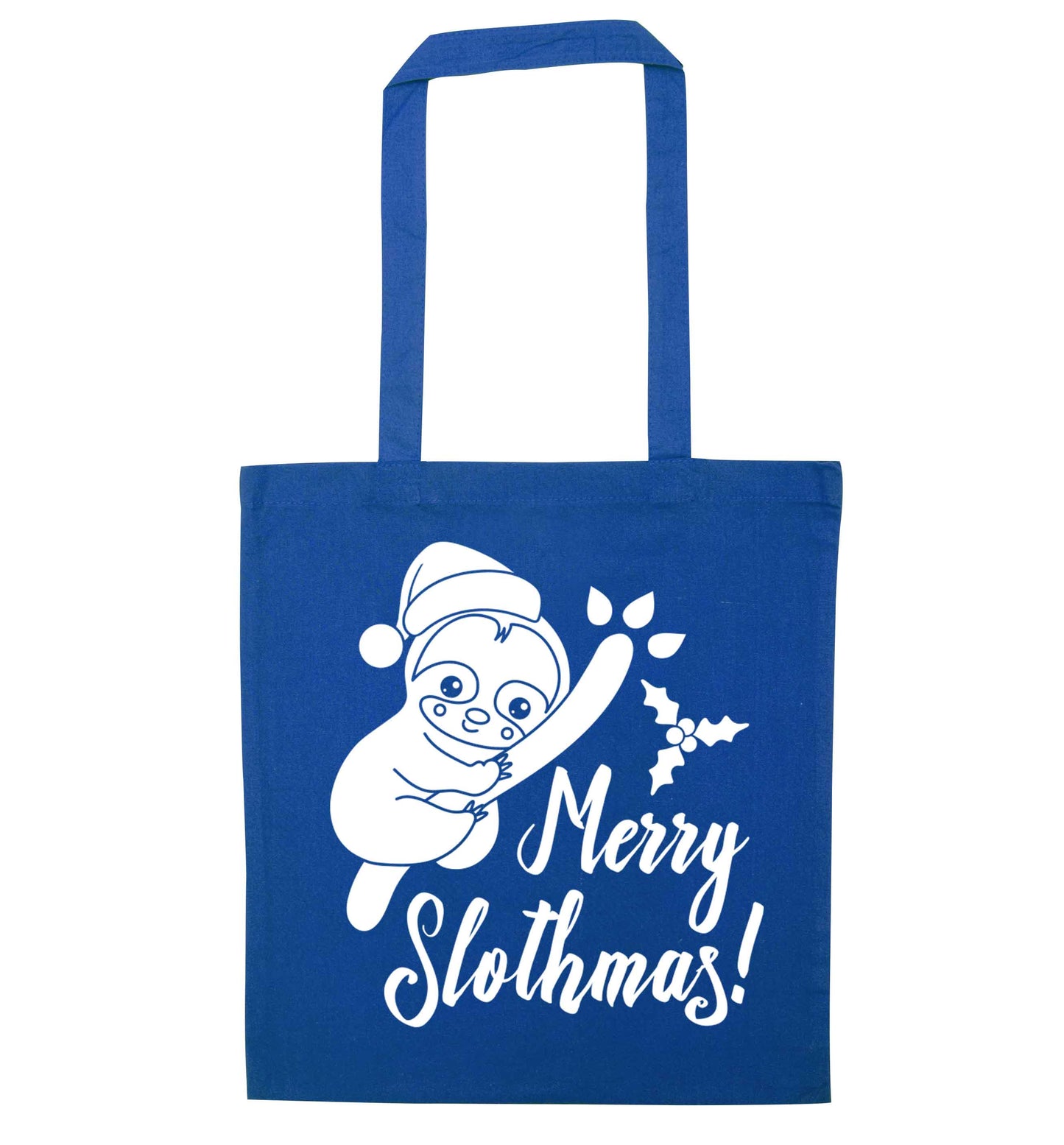 Merry Slothmas blue tote bag