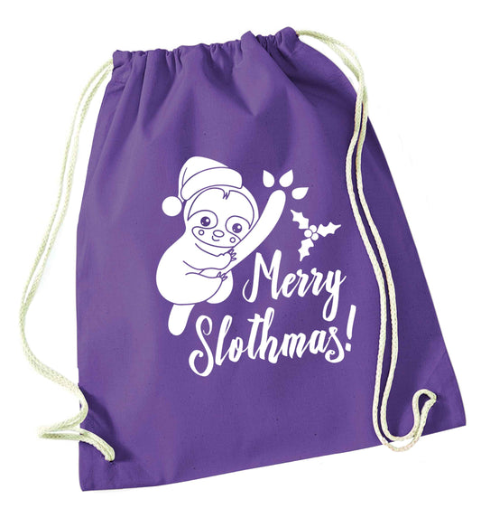 Merry Slothmas purple drawstring bag